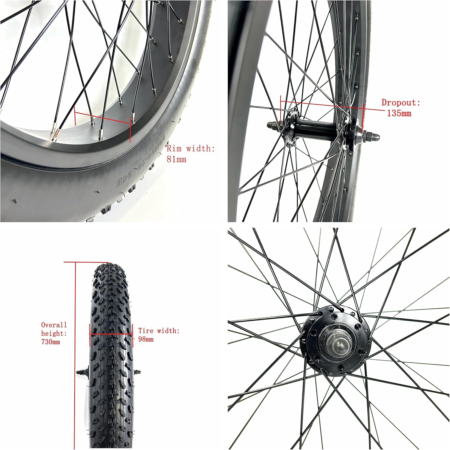 Electric Fat Bike Front Wheel 26''x4.0 with Tire Bearing Hub 12GA Spokes Black Alloy Aluminum Snow Bicycle fatbike Rim Wheel 26 Bolt On