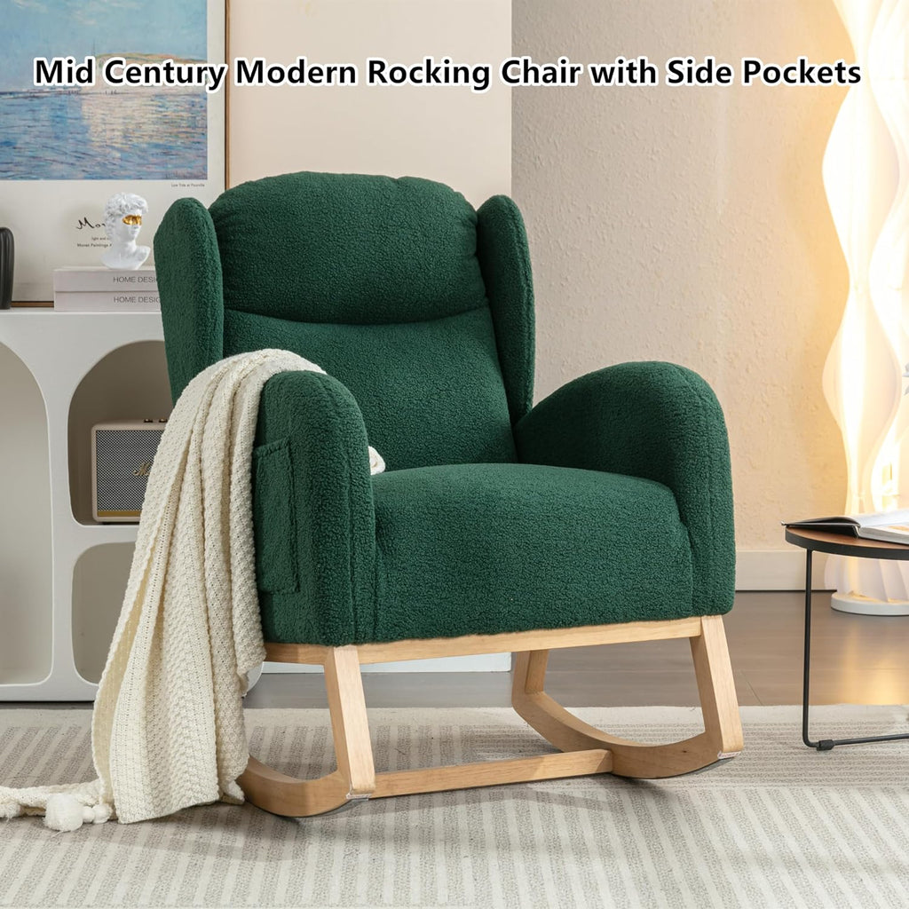 Setawix Teddy Rocking Glider Chair for Nursery,Upholstered Living Room Rocker Arm Chair,Leisure Sherpa Wingback Armchair,Mid Century Modern Rocking Accent Chair with Side Pockets (Wingback Green)