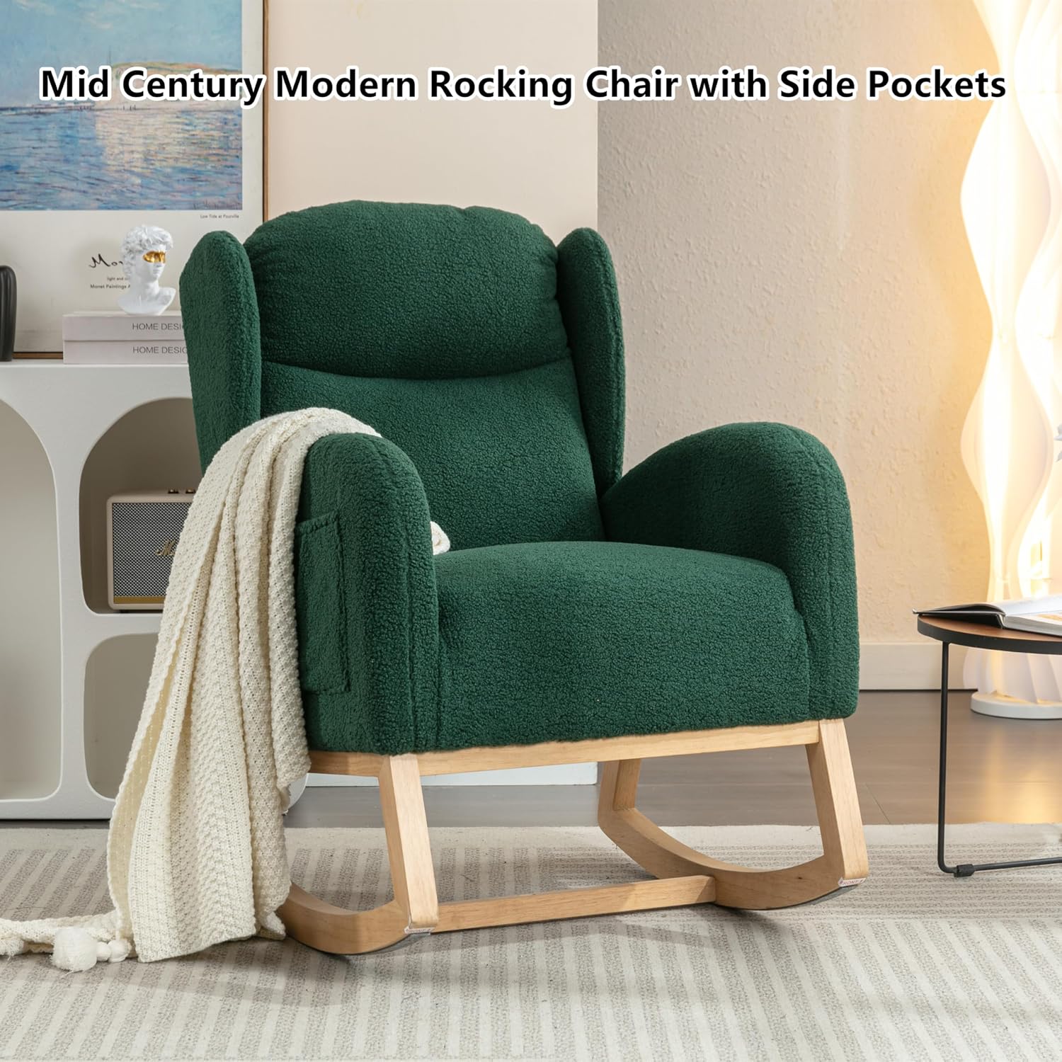 Setawix Teddy Rocking Glider Chair for Nursery,Upholstered Living Room Rocker Arm Chair,Leisure Sherpa Wingback Armchair,Mid Century Modern Rocking Accent Chair with Side Pockets (Wingback Green)