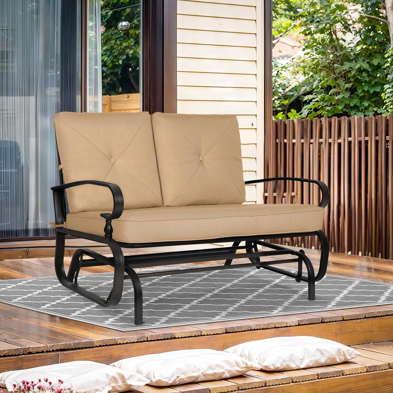 Crownland Outdoor Patio Glider Chair, Rocking Glider Bench for 2 Person, Porch Furniture Loveseat Seating, Wrought Iron Patio Gliders for Outside, Porch, Garden(Brown)
