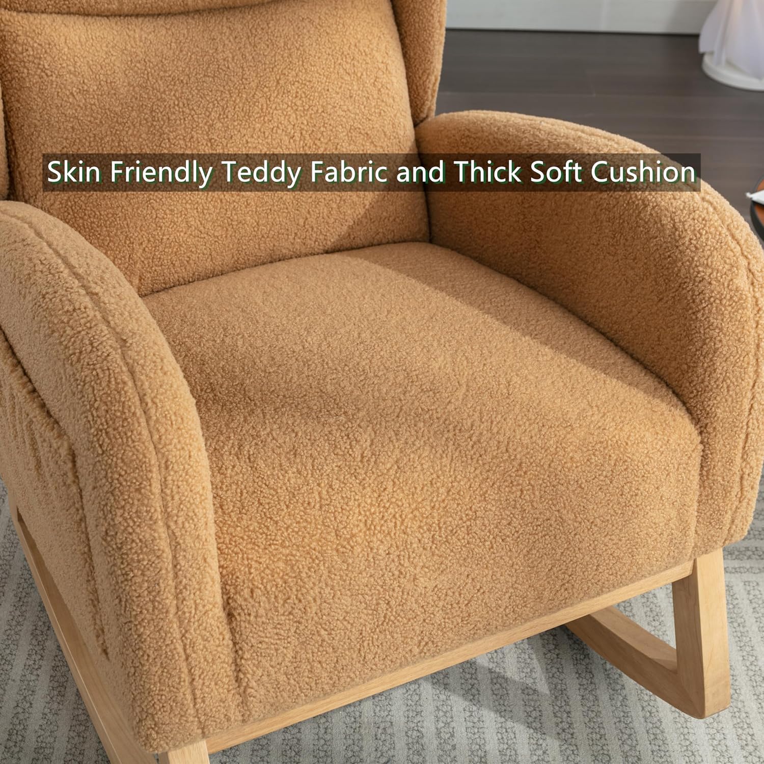 Setawix Teddy Rocking Glider Chair for Nursery,Upholstered Living Room Rocker Arm Chair,Leisure Sherpa Wingback Armchair,Mid Century Modern Rocking Accent Chair with Side Pockets (Wingback Khaki)