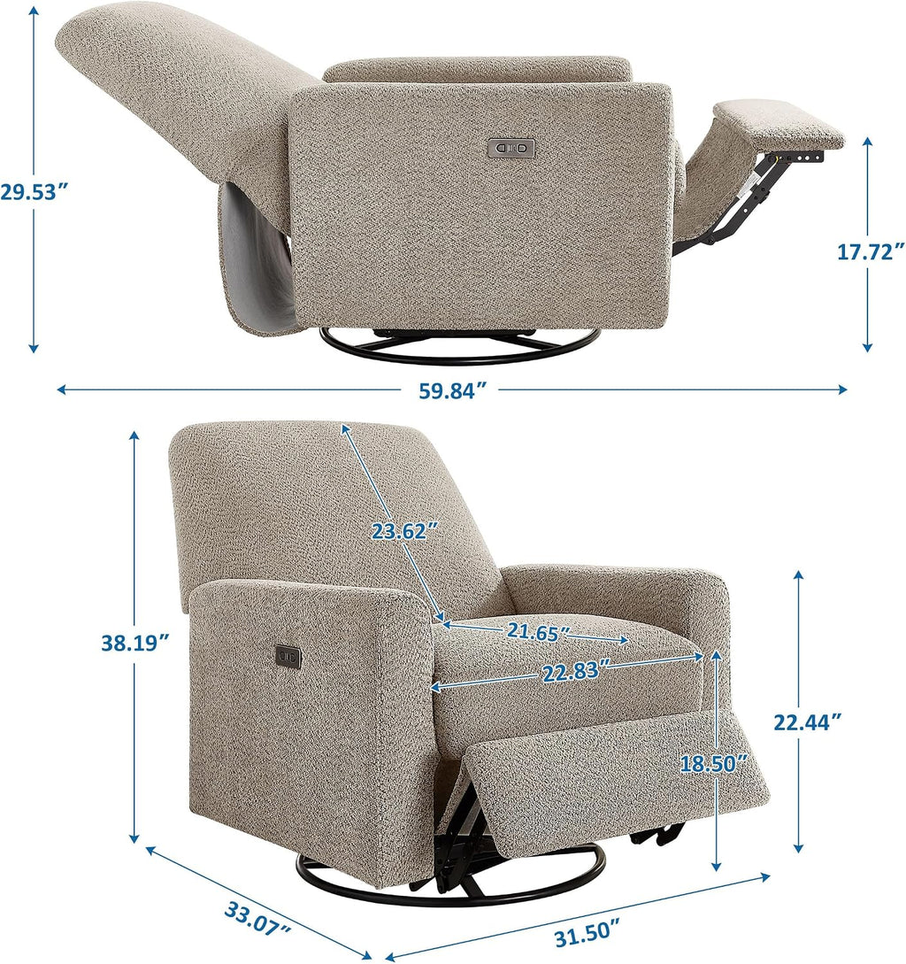 VANOMi Power Recliner Chair, 270° Swivel Nursery Chair with USB Charging Port Comfy Boucle Glider Rocking Chairs for Living Room, Nursery, Bedroom, Camel