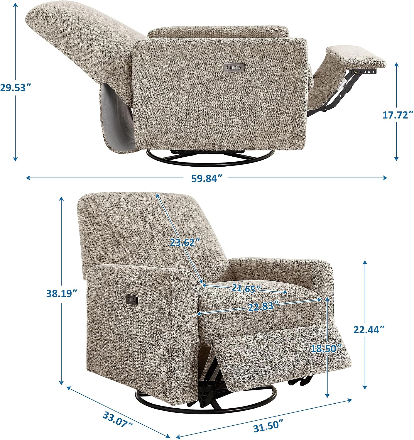 VANOMi Power Recliner Chair, 270° Swivel Nursery Chair with USB Charging Port Comfy Boucle Glider Rocking Chairs for Living Room, Nursery, Bedroom, Camel