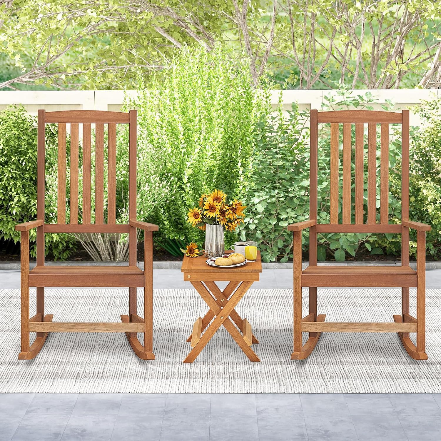 Tangkula Outdoor Rocking Chairs Set of 2, Heavy Duty High Back Patio Wood Rockers with Folding Table, for Backyard, Terrace, Poolside and Lawn
