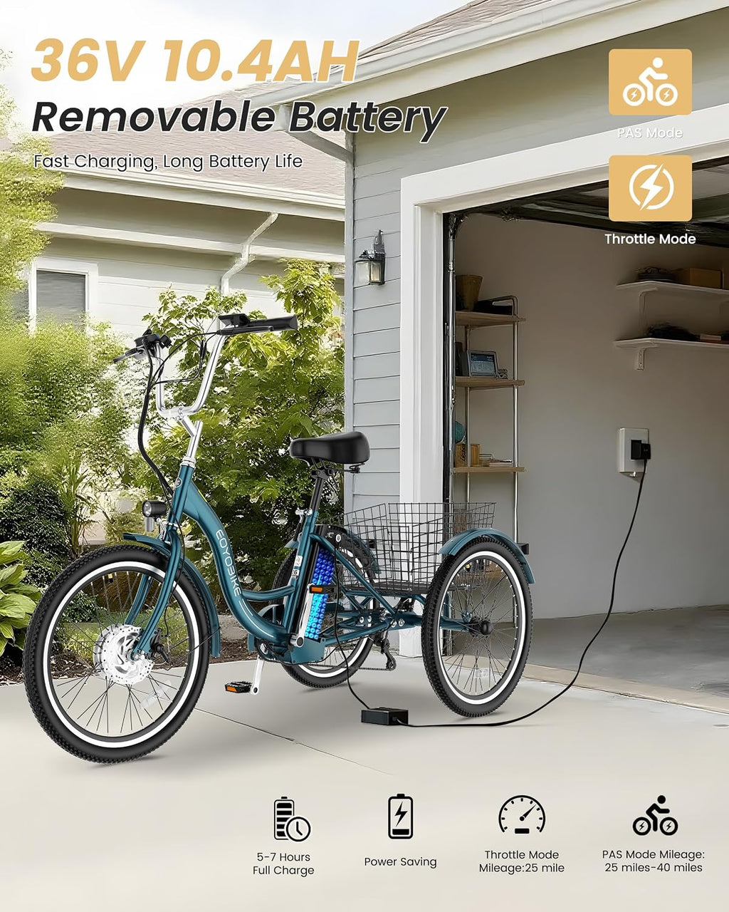 MOONCOOL Electric Tricycle for Adults, 350W 36V Electric Trike Motorized Three Wheel Electric Bicycle, 7 Speeds 3 Wheels Adult Electric Tricycle with Large Basket