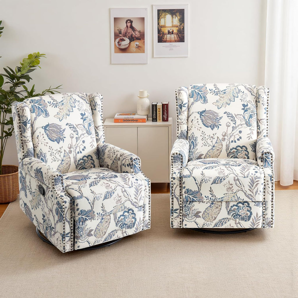 Lumibee Swivel Rocker Recliner Chair Set of 2, Printed Fabric Swivel Glider Rocking Chair with High Back, Upholstered Deep Seat Wingback Recliner Chair for Living Room Bedroom, Plants Blue