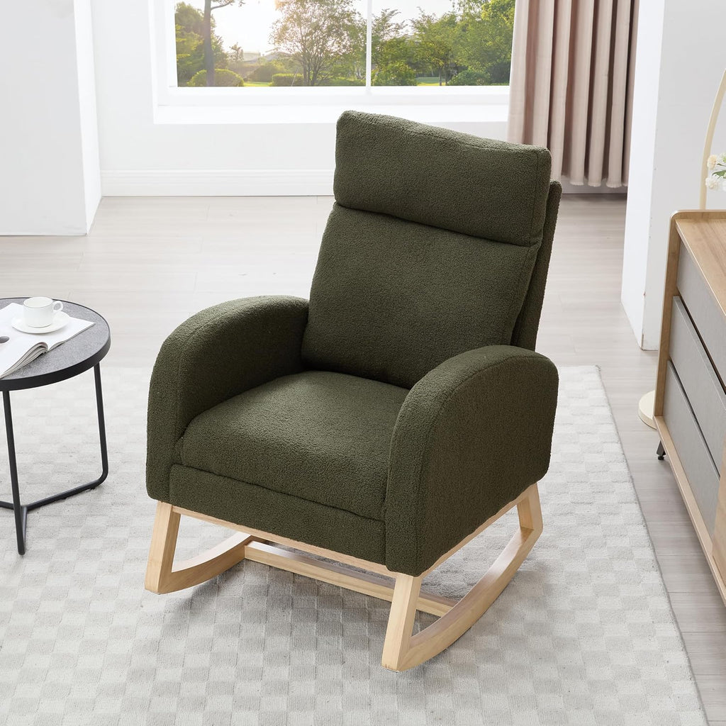 Setawix Teddy Rocking Glider Chair with Footrest for Nursery,Upholstered Living Room Rocker Arm Chair,Leisure Rocking Armchair,Mid Century Modern Rocking Accent Chair with Side Pockets (Teddy Green)