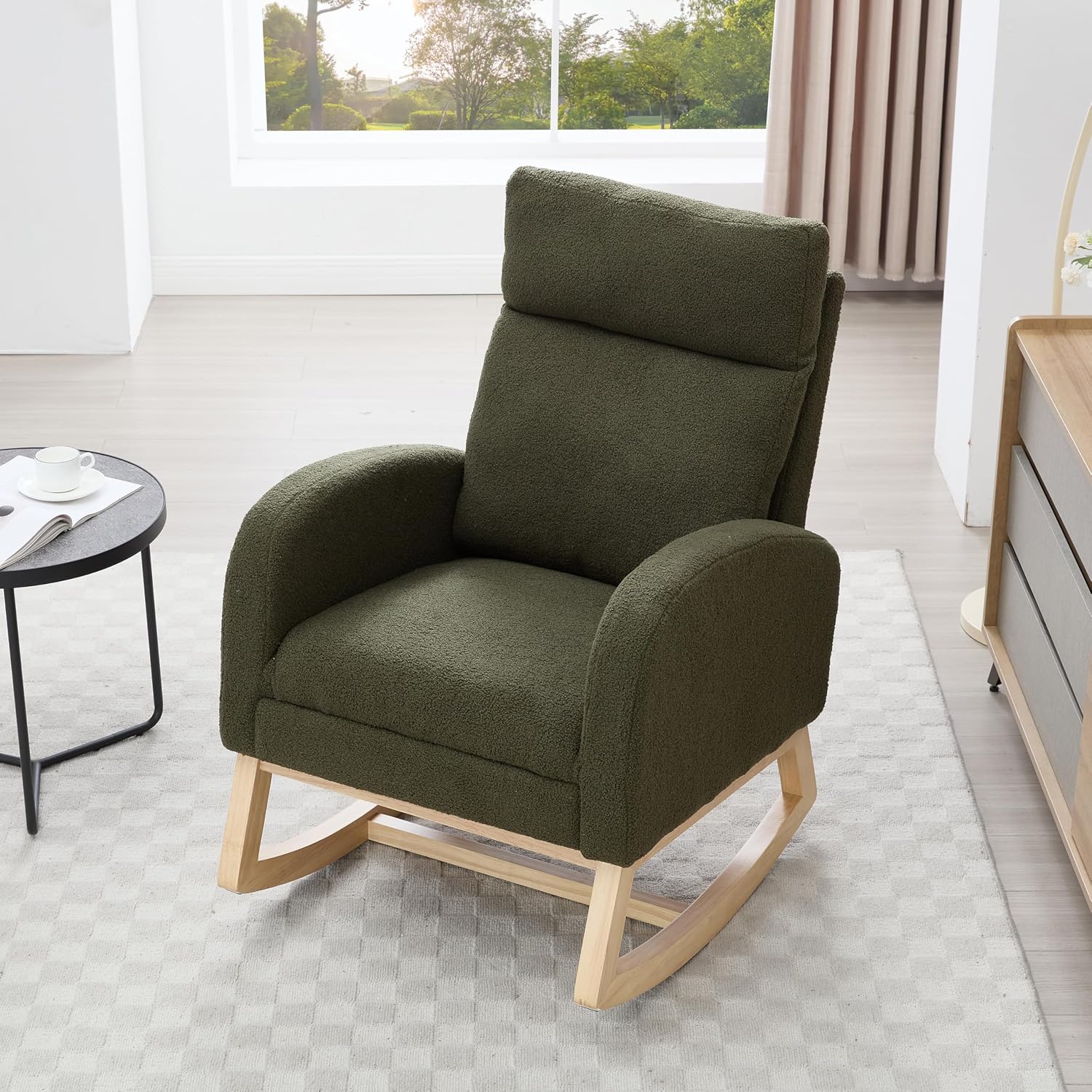 Setawix Teddy Rocking Glider Chair with Footrest for Nursery,Upholstered Living Room Rocker Arm Chair,Leisure Rocking Armchair,Mid Century Modern Rocking Accent Chair with Side Pockets (Teddy Green)
