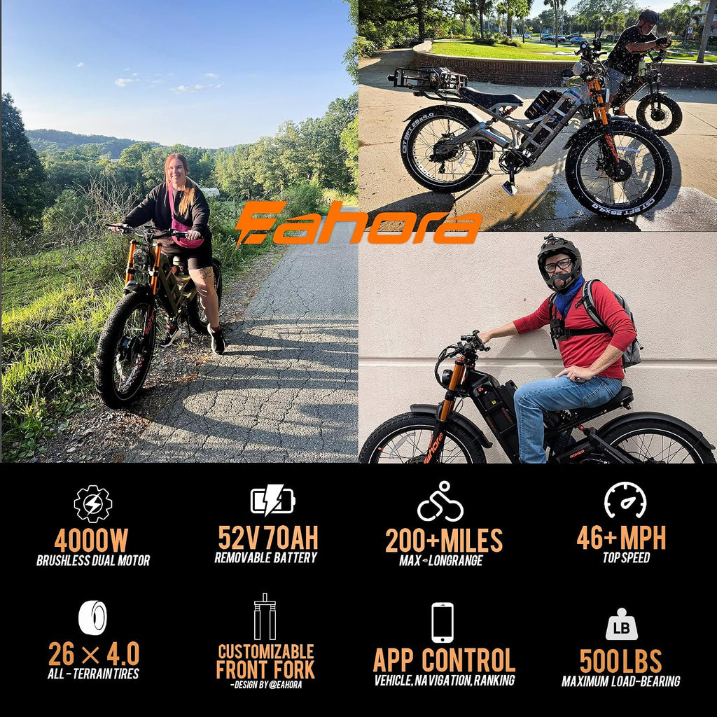 eAhora Romeo Pro 2 [2025 Version] Electric Bike for Adults, 4000W 46MPH Dual Motor Electric Bike,52V 70Ah 200+ Miles Long Range Ebike,26*4.0'' Fat Tire Electric Mountain Bike, Full Suspension& UL2849