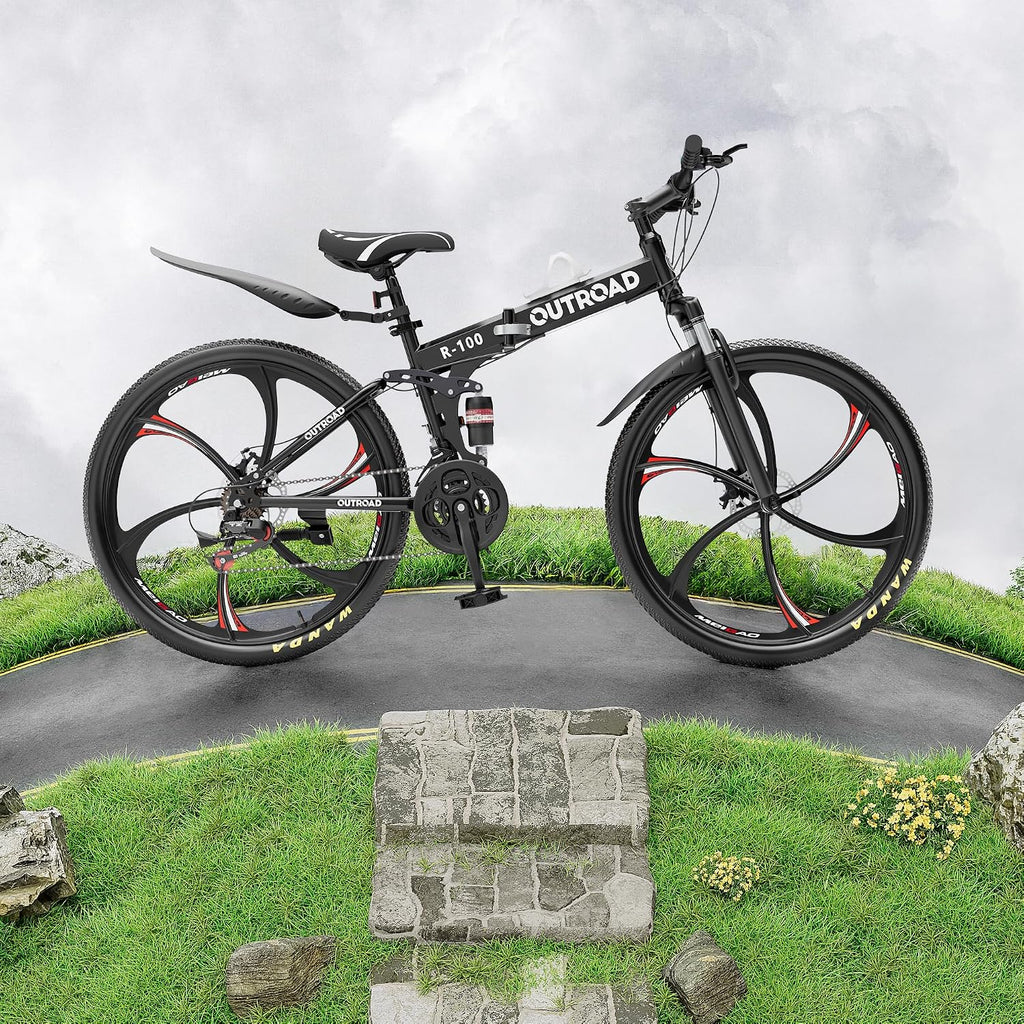 26 Inch Adult Folding Bikes/Mountain Bikes, 21 Speeds Mountain Bicycles with Full Suspension, Dual Disc Brake, High Carbon Steel Frame, Foldable Bike for Men/Women/Teen, Multiple Colors