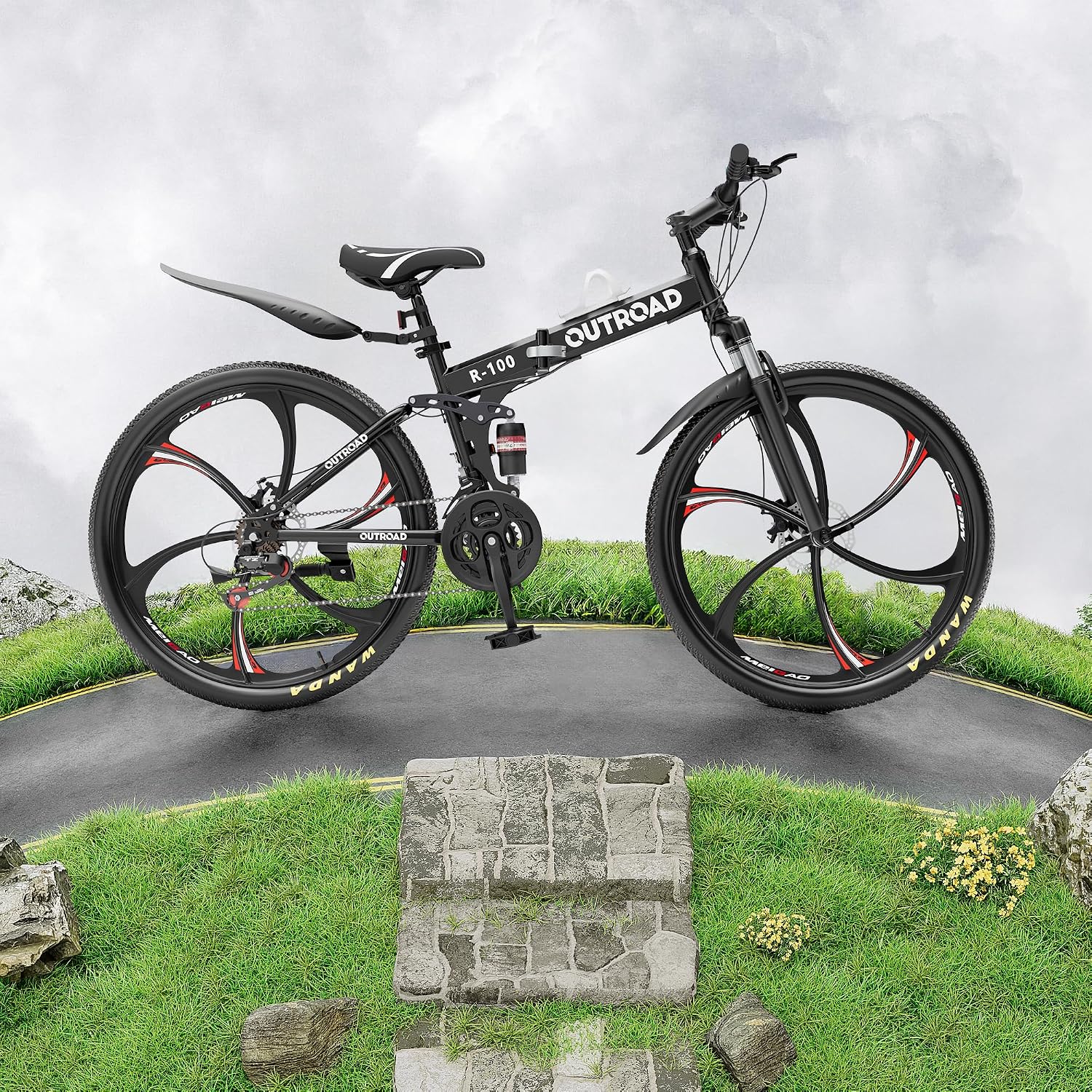 Outroad 26 Inch Folding Mountain Bike, 21 Speed Full Suspension High-Carbon Steel MTB Foldable Bicycle, Dual Disc Brake Adjustable Seat and Non-Slip Folding Bikes for Adults/Women/Men,Black