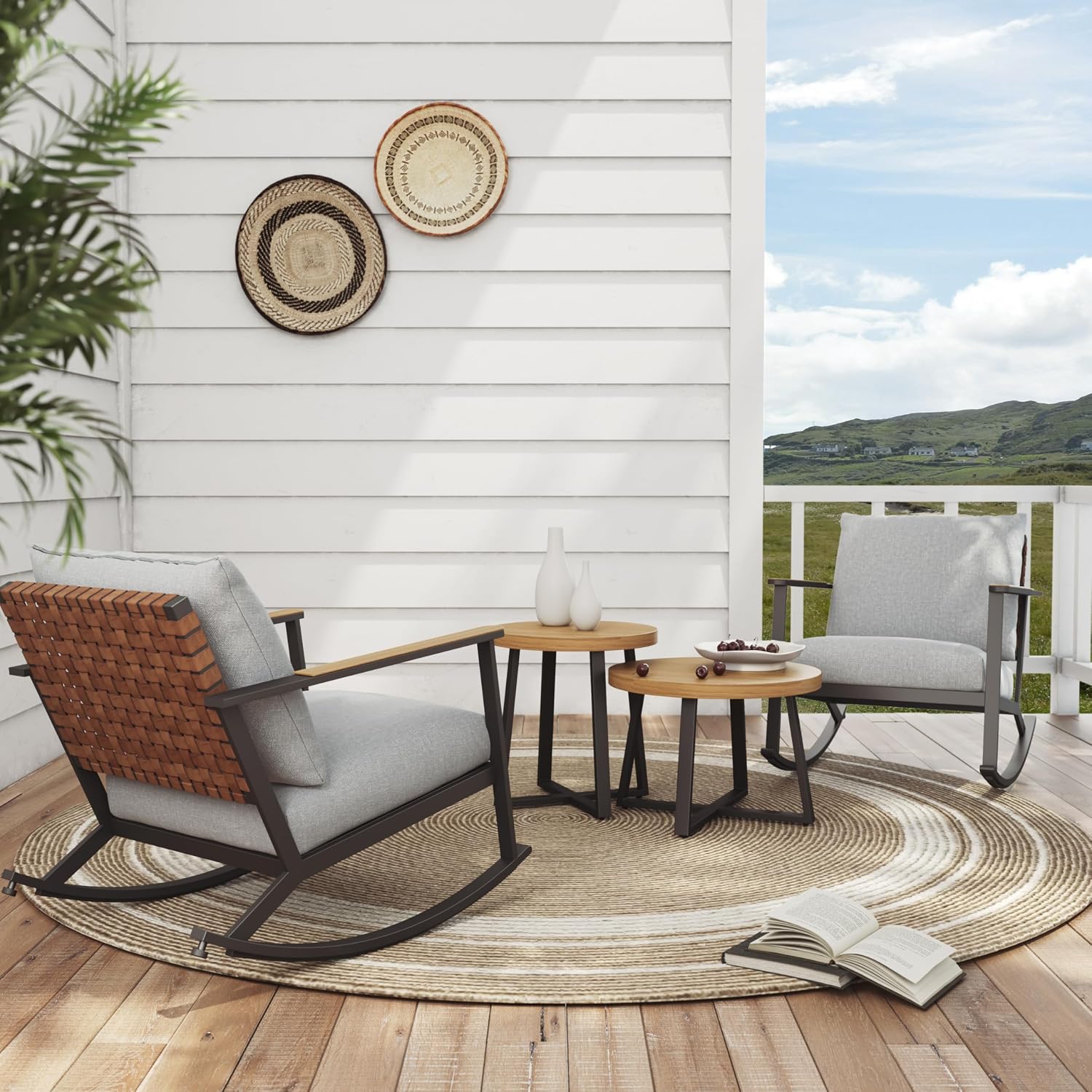 Grand patio Outdoor Rocking Chairs, 4-Piece Leather-Look Patio Wicker Bistro Set Outdoor Furniture Conversation Sets with 2 Chairs and 2 Faux Wood Grain Coffee Table, 4.75'' Grey Cushions