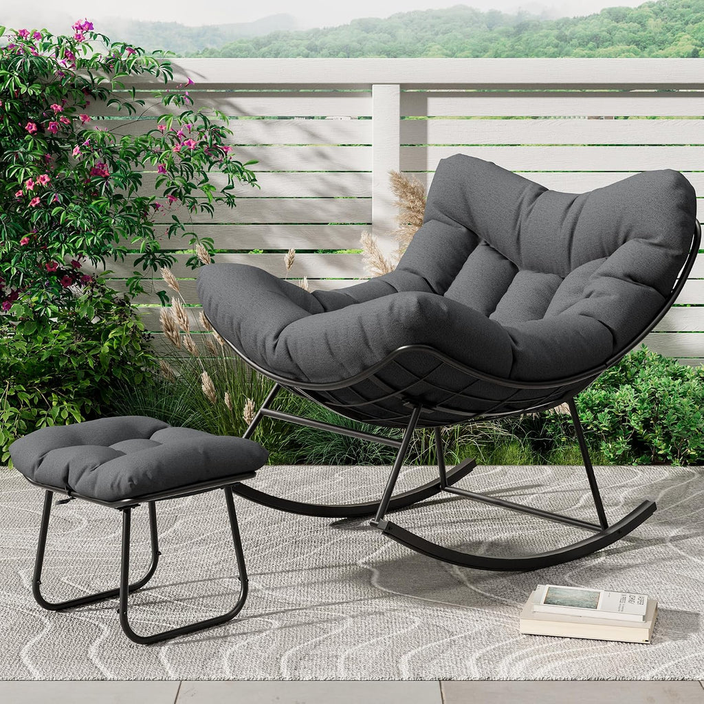 GarveeLife Oversized Papasan Rocking Chair with Footrest, Outdoor Lounge Chair with Ottoman and Sturdy Metal Frame, Patio Rattan Egg Rocker for Balcony Backyard Porch Bedroom, Grey