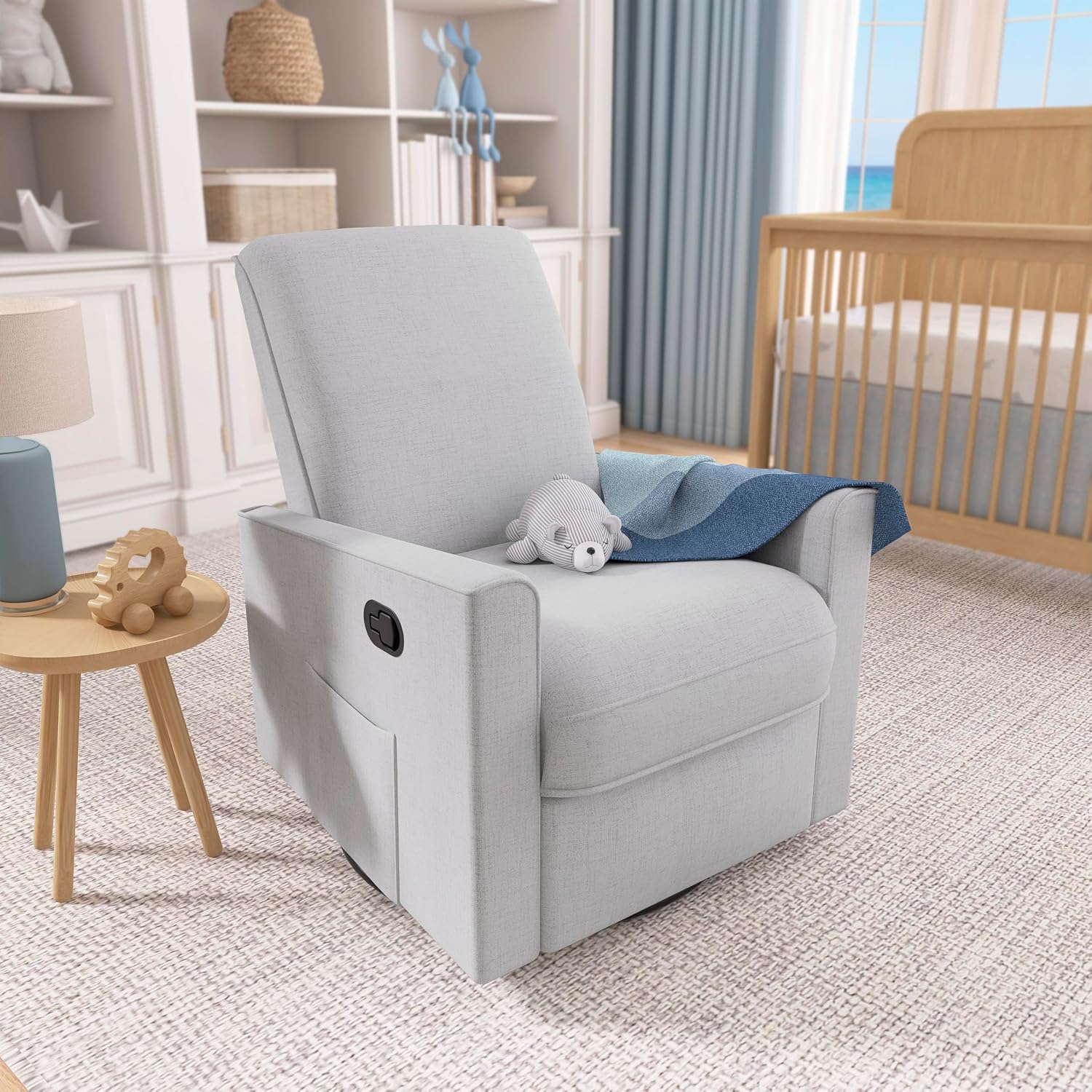Evolur Raleigh Glider with Massager in Charcoal, Upholstered Plush Seating 360° Swivel Glider Rocking Chair, FSC Certified, Greenguard Gold & JPMA Certified Nursery Glider Recliner