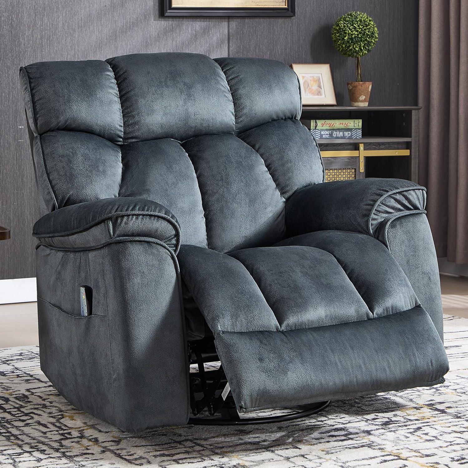 INZOY Oversized Rocker Recliner with Heat and Vibration, Manual Swivel Rocking Recliner Chair with Vibrating Massage, Comfy Padded Overstuffed Soft Fabric Heated Recliner, Grey