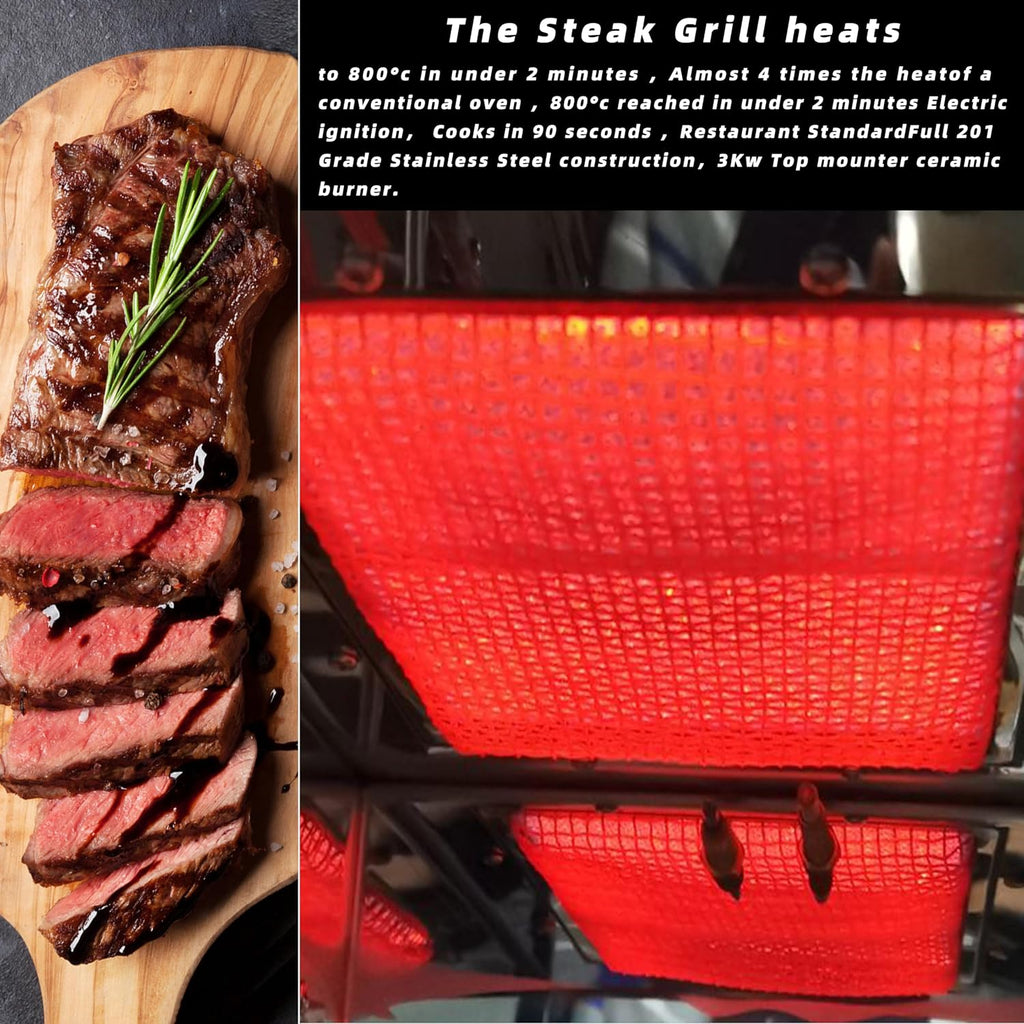 CHEF PROSENTIALS Small Stainless Steel Electric Steak Grill Oven – Portable Steak Broiler & Sear Station, Outdoor Electric Salamander BBQ with Pizza Stone