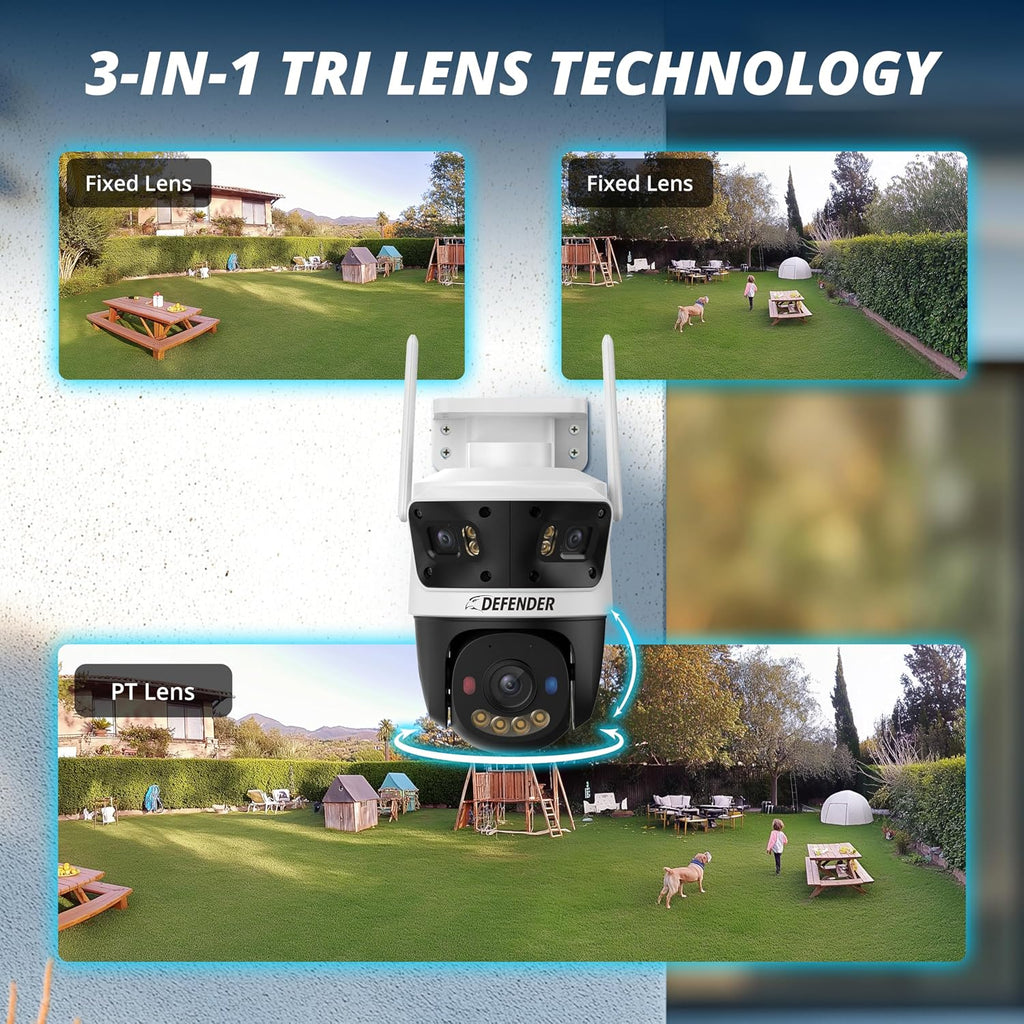 Defender AI Powered 3K+ Guard WiFi Tri-Lens PTZ Plug-in Power Outdoor Security Camera, 3-in-1, 360°, 8X Zoom, Human/Vehicle AI Detection, Blue/Red LED, WiFi 6, Works w/Guard App, 2 Pack