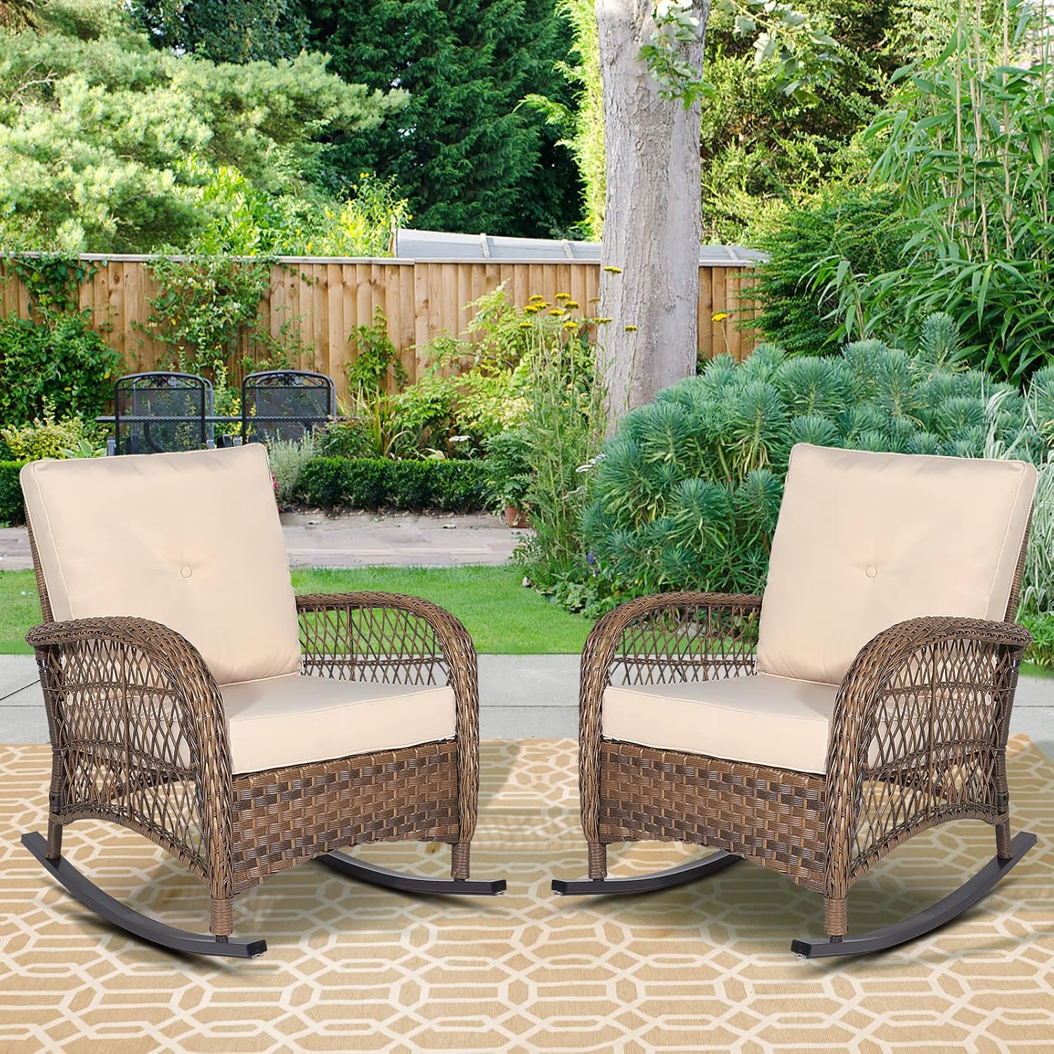 Outdoor Wicker Rocking Chair with Thickened Cushions, All-Weather Rattan Patio Rocking Chairs, Patio Wicker Rocker Chair for Backyard, Beige, Set of 2