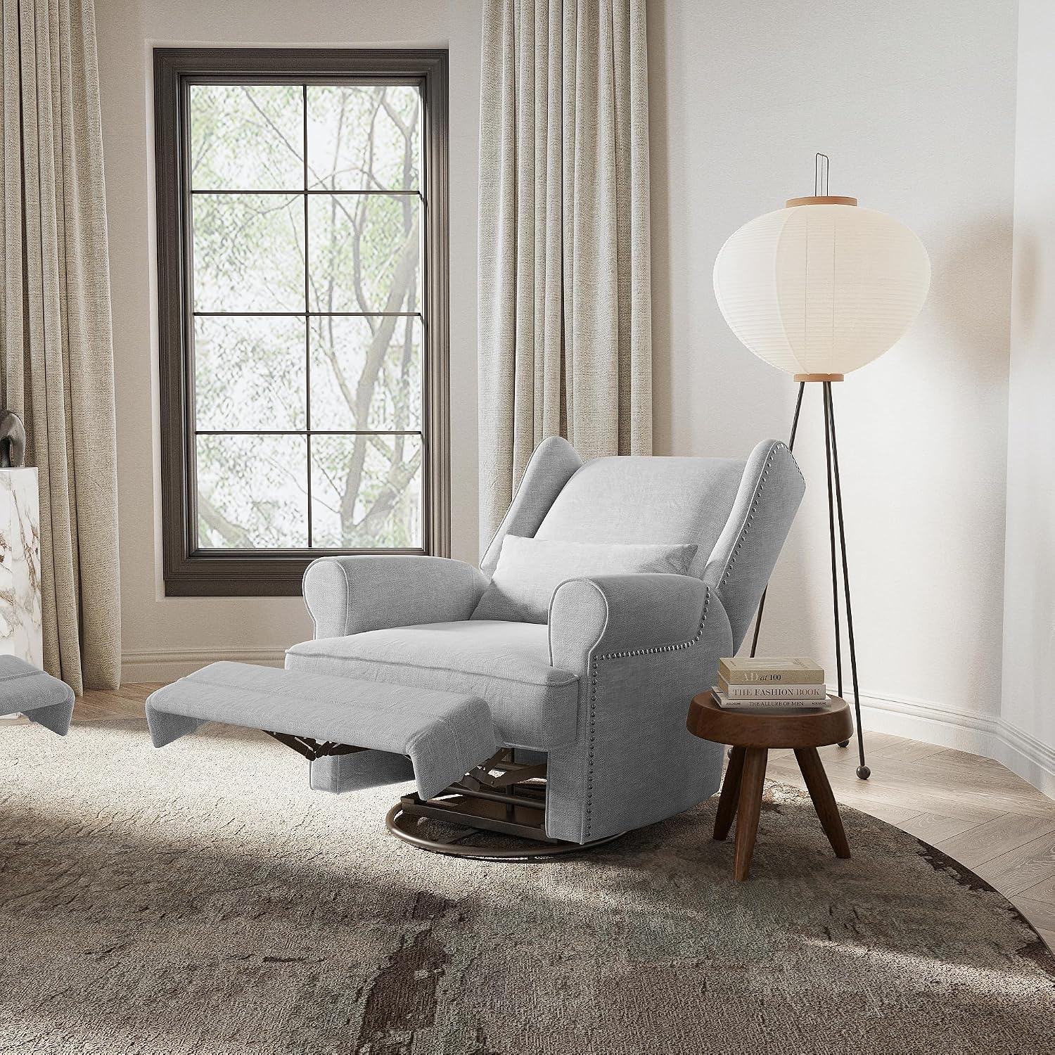 May in Color Swivel Recliner Chair with Extra Large Footrest, Comfy Upholstered Glider Rocking Chair for Living Room, Bedroom and Ofice, Grey