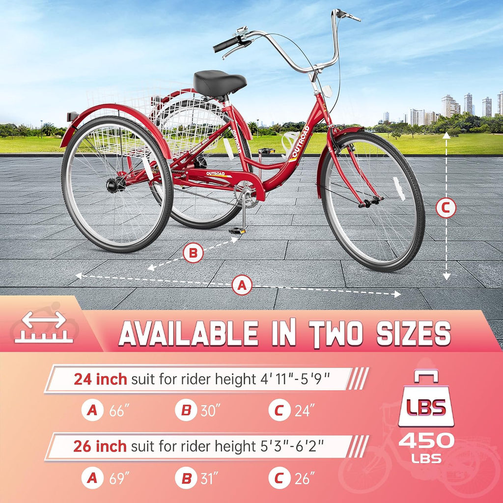 1 Speed Adult Tricycle, 24 Inch 3 Wheel Bikes with Large Basket, Cruiser Bike for Women/Men/Seniors, Adult Trike for Outdoor/Shopping/Recreation/Picnic (Red)