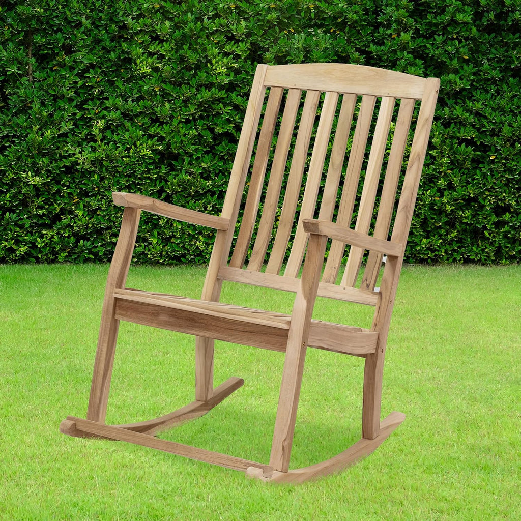 Sunnydaze Teak Outdoor Rocking Chair with Slatted Back - Wooden Front Porch Chair for Patio - Outside Porch Rocker - 325 lb Support