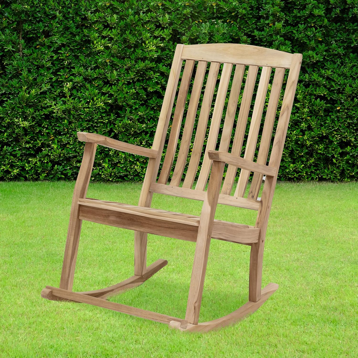 Sunnydaze Teak Outdoor Rocking Chair with Slatted Back - Wooden Front Porch Chair for Patio - Outside Porch Rocker - 325 lb Support