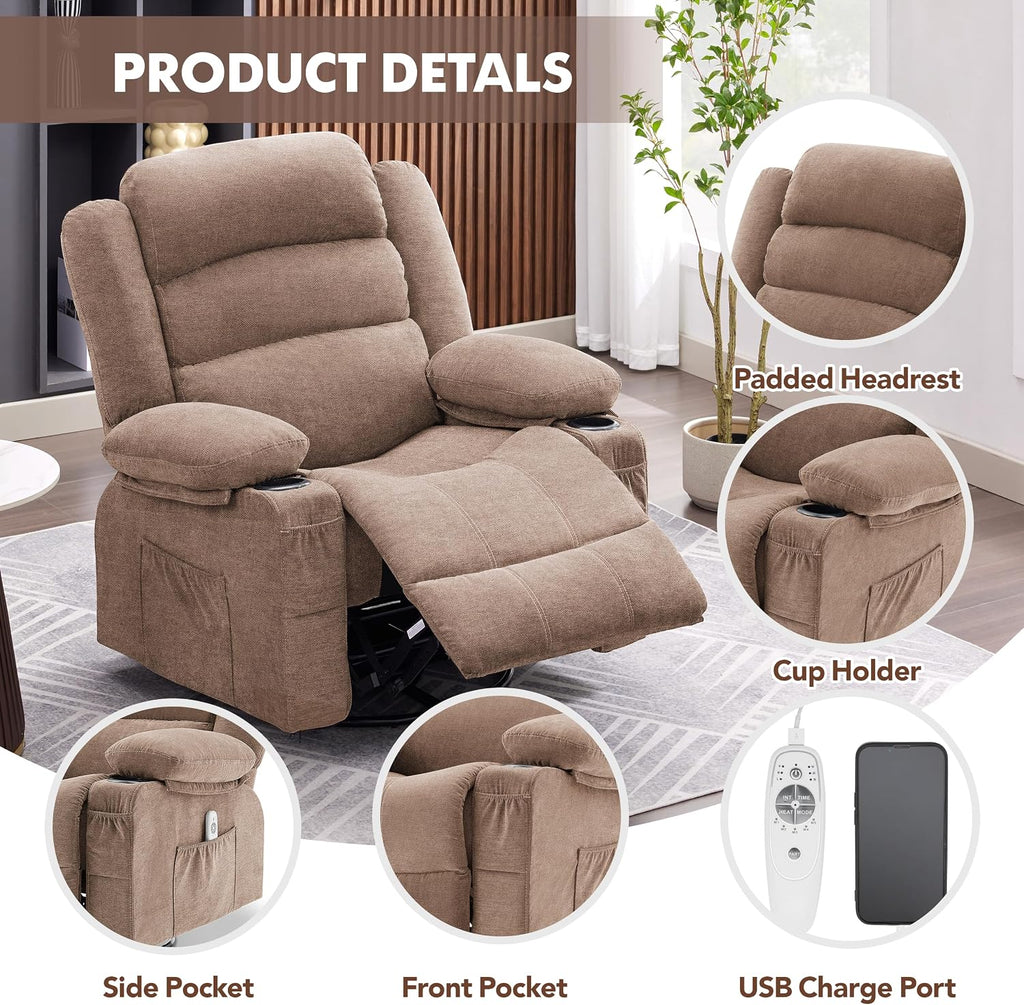 Rocker Recliner Chair with Heat and Massage, 360° Swivel Nursery Rocking Chairs for Adults, Oversized Recliner Single Sofa Seat with Cup Holders, Lazy Boy Recliner Single Sofa (Manual, Brown)