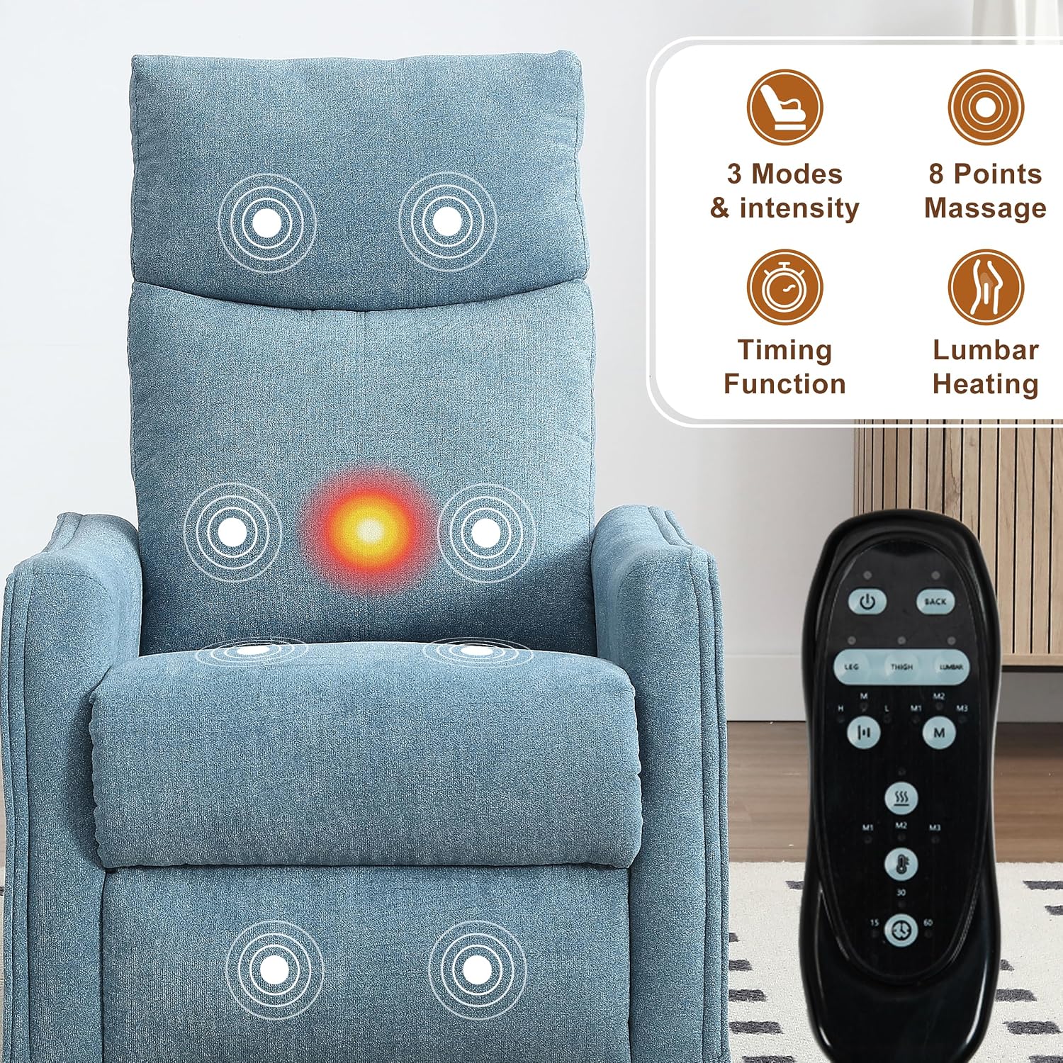 Manual 360° Swivel Rocker Recliner Chair for Adults, Overstuffed Glider Chair for Nursery with Vibration Massage and Heat, Comfy Soft Fabric Glider with Side Pockets for Living Room, Blue