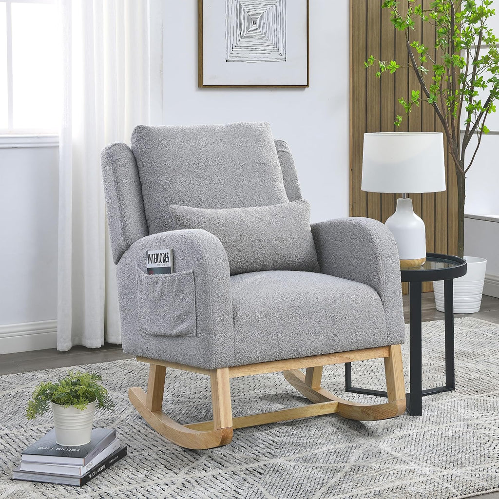 27.5 'W Nursery Rocking Chair Teddy Upholstered Accent Rocker Chair with Pillow Cushion Comfy Soft Rocker Glider Solid Rubber Wood Leg for Bedroom Living Room Nursing Room, Grey