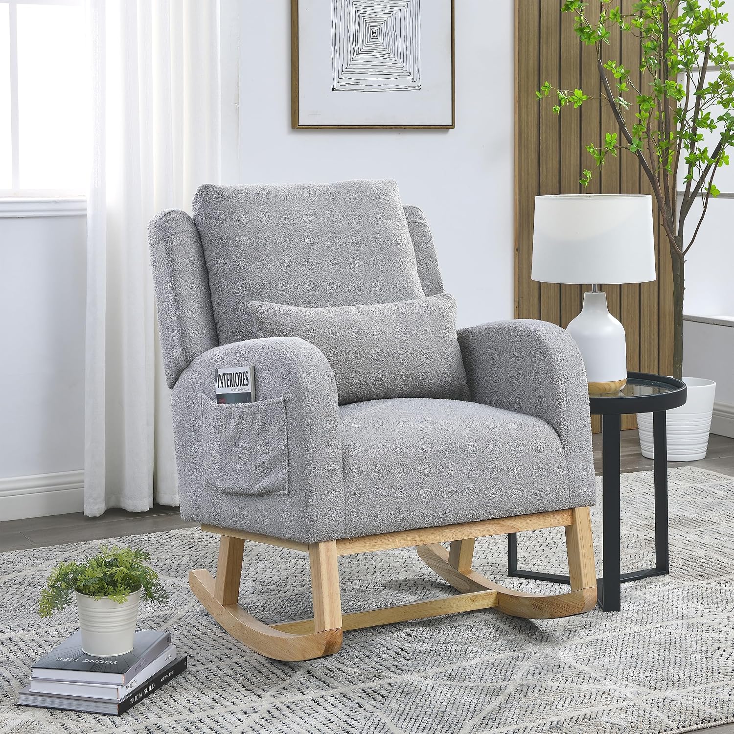 27.5 'W Nursery Rocking Chair Teddy Upholstered Accent Rocker Chair with Pillow Cushion Comfy Soft Rocker Glider Solid Rubber Wood Leg for Bedroom Living Room Nursing Room, Grey
