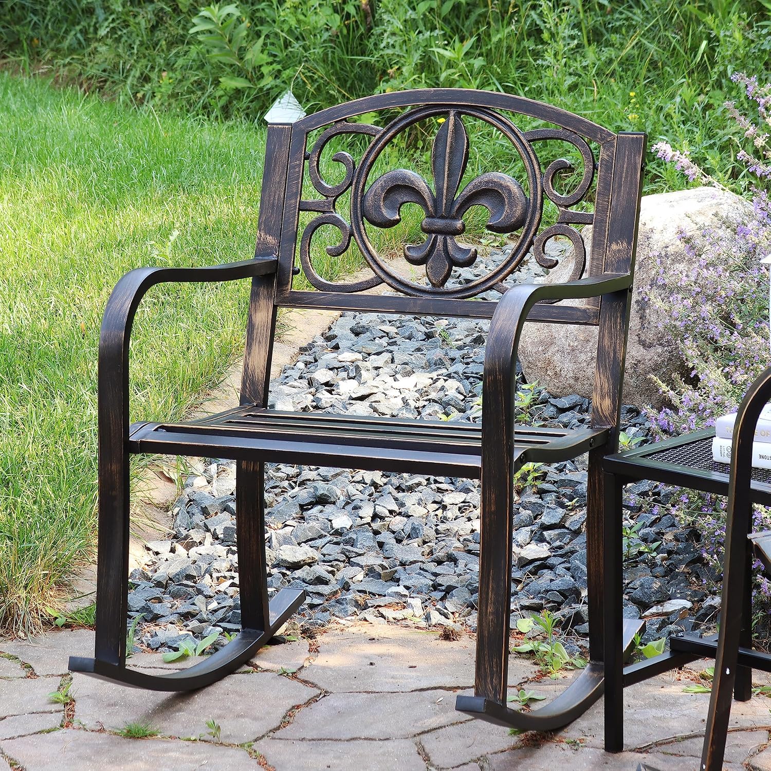 Sunnydaze Outdoor Rocking Chair for Lounging – Durable Metal Patio Chair with Cast Iron & Steel Frame – Ideal for Backyard, Lawn, or Garden – 275lb Capacity