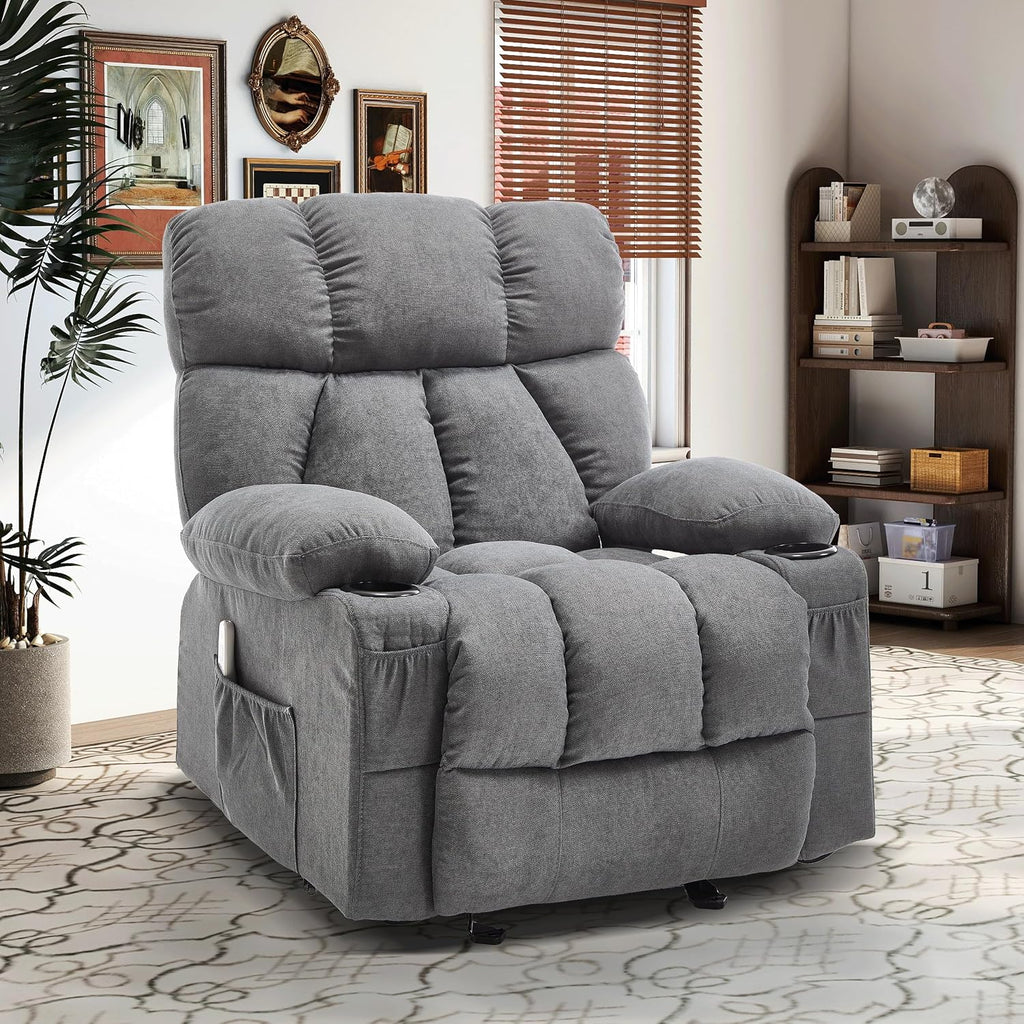 Massage Recliner Chair, Overstuffed Rocker Lazy Boy Chairs with Vibration&Gently Heat,Fabric Ergonomic Manual Nursery Chair for Living Room with Side Pocket, 2 Cup Holders, Grey
