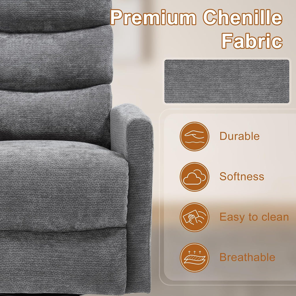 Manual Swivel Rocker Recliner Chair for Adults, Overstuffed Reclining Glider Chair for Nursing with Vibration Massage & Heat, Living Room Rocking Recliner 3-Stage backrest, Chenille Fabric Dark Gray