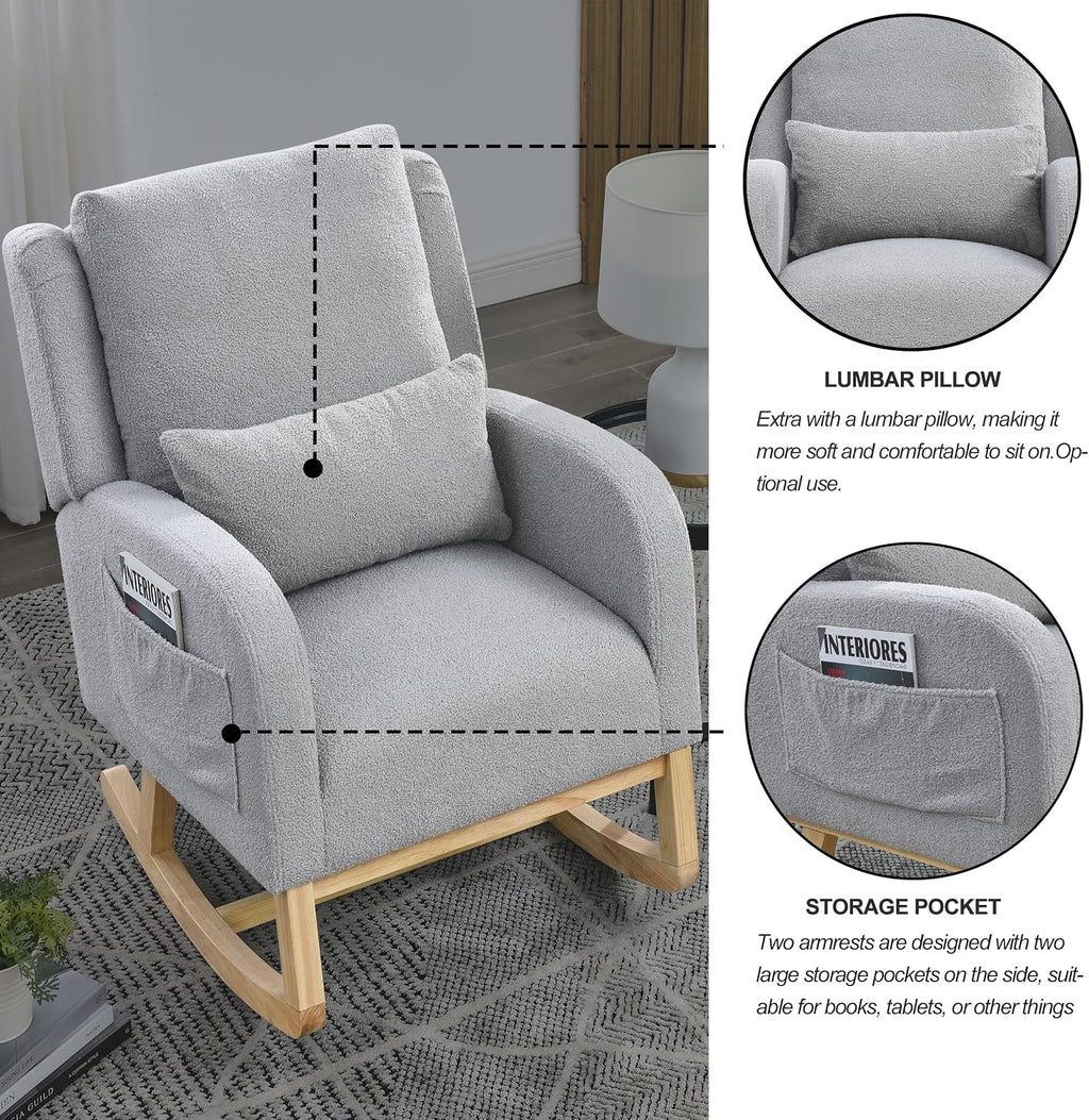 27.5 'W Nursery Rocking Chair Teddy Upholstered Accent Rocker Chair with Pillow Cushion Comfy Soft Rocker Glider Solid Rubber Wood Leg for Bedroom Living Room Nursing Room, Grey