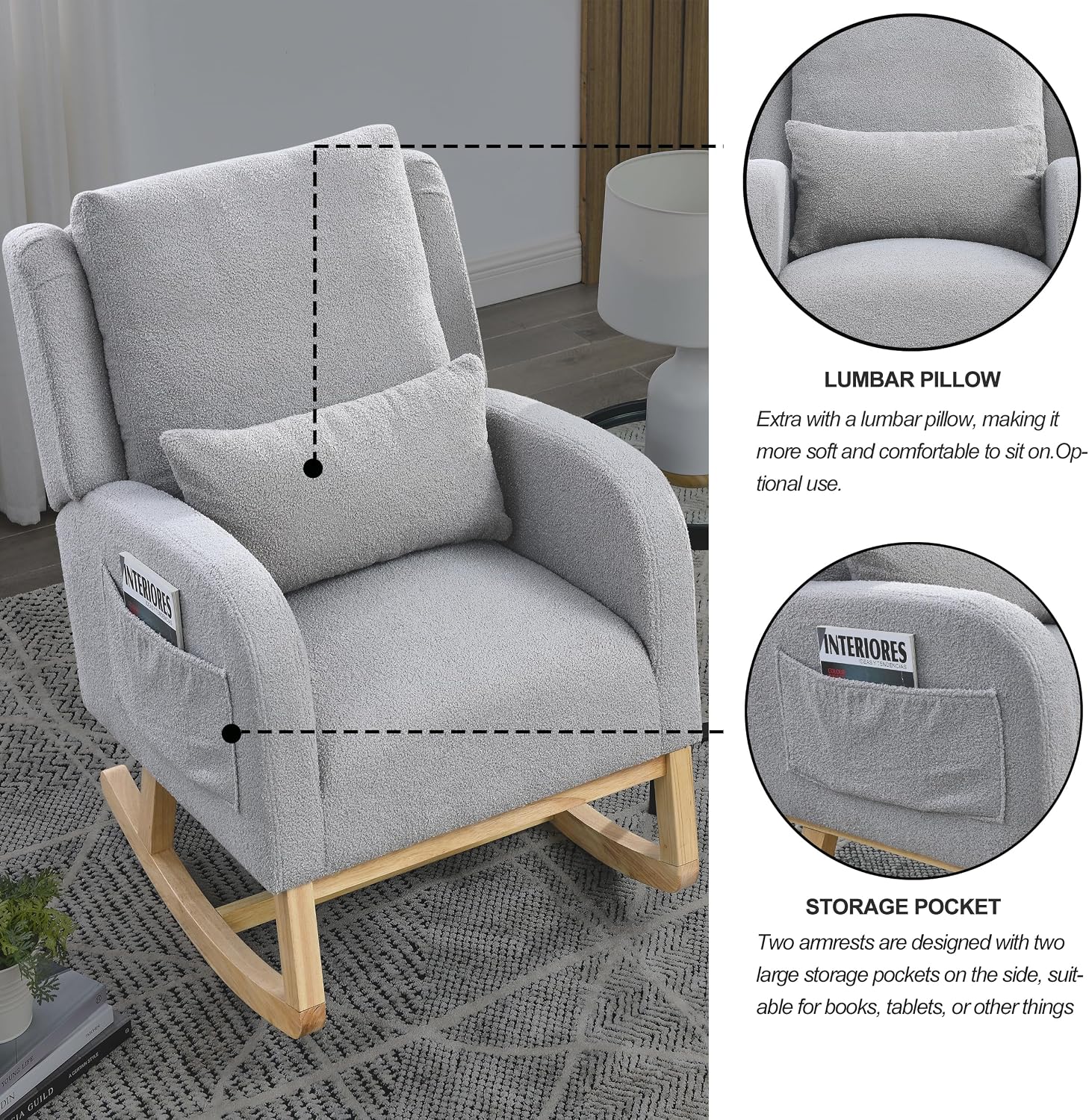 27.5 'W Nursery Rocking Chair Teddy Upholstered Accent Rocker Chair with Pillow Cushion Comfy Soft Rocker Glider Solid Rubber Wood Leg for Bedroom Living Room Nursing Room, Grey