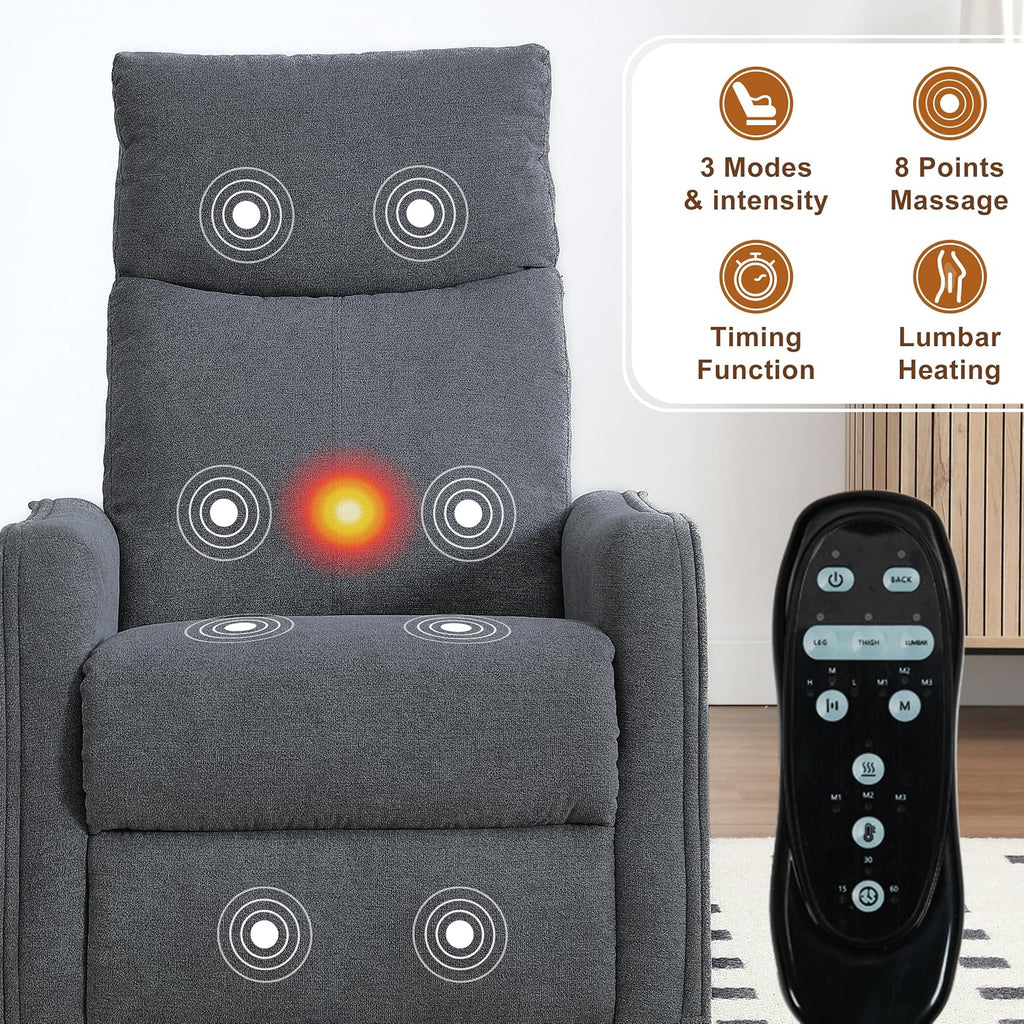 Manual 360° Swivel Rocker Recliner Chair for Adults, Overstuffed Glider Chair for Nursery with Vibration Massage and Heat, Comfy Soft Fabric Glider with Side Pockets for Living Room, Dark Gray