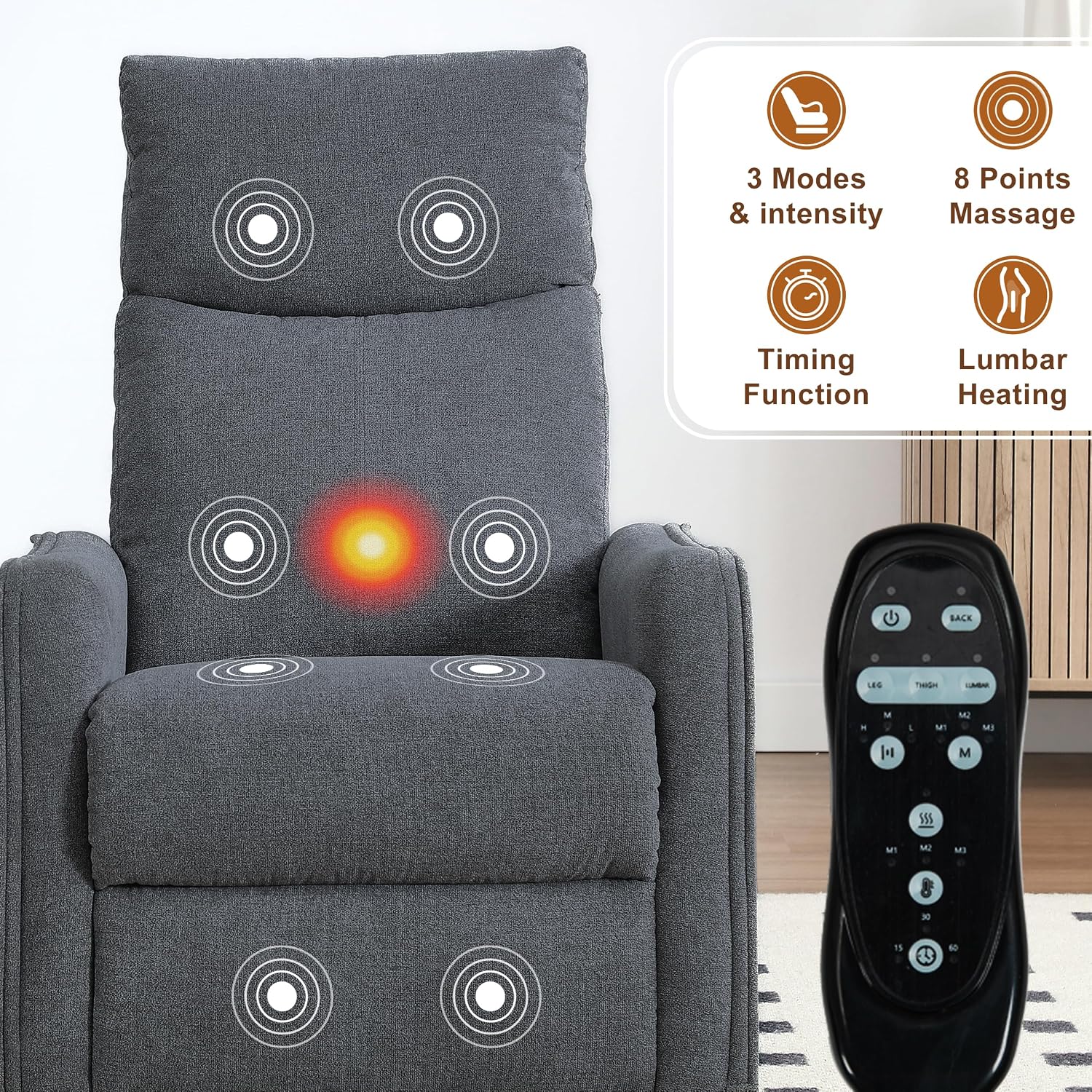 Manual 360° Swivel Rocker Recliner Chair for Adults, Overstuffed Glider Chair for Nursery with Vibration Massage and Heat, Comfy Soft Fabric Glider with Side Pockets for Living Room, Dark Gray