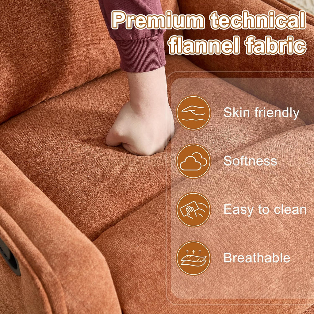 Manual 360° Swivel Rocker Recliner Chair for Adults, Overstuffed Glider Chair for Nursery with Vibration Massage and Heat, Comfy Soft Fabric Glider with Side Pockets for Living Room, Orange