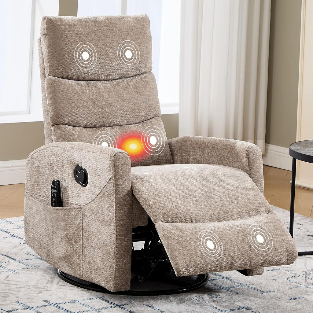Manual Swivel Rocker Recliner Chair for Adults, Overstuffed Reclining Glider Chair for Nursing with Vibration Massage & Heat, Living Room Rocking Recliner 3-Stage backrest, Chenille Fabric Khaqi