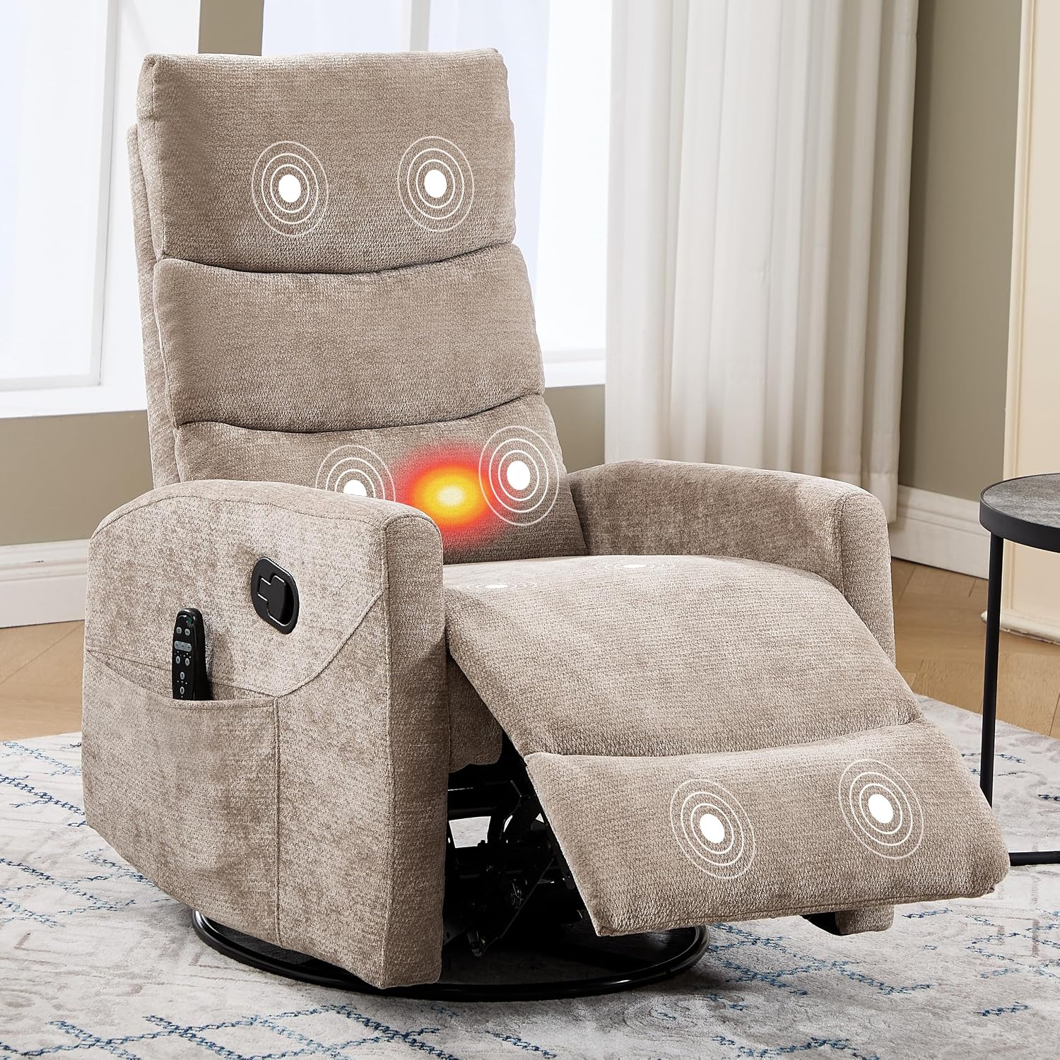 Manual Swivel Rocker Recliner Chair for Adults, Overstuffed Reclining Glider Chair for Nursing with Vibration Massage & Heat, Living Room Rocking Recliner 3-Stage backrest, Chenille Fabric Khaqi