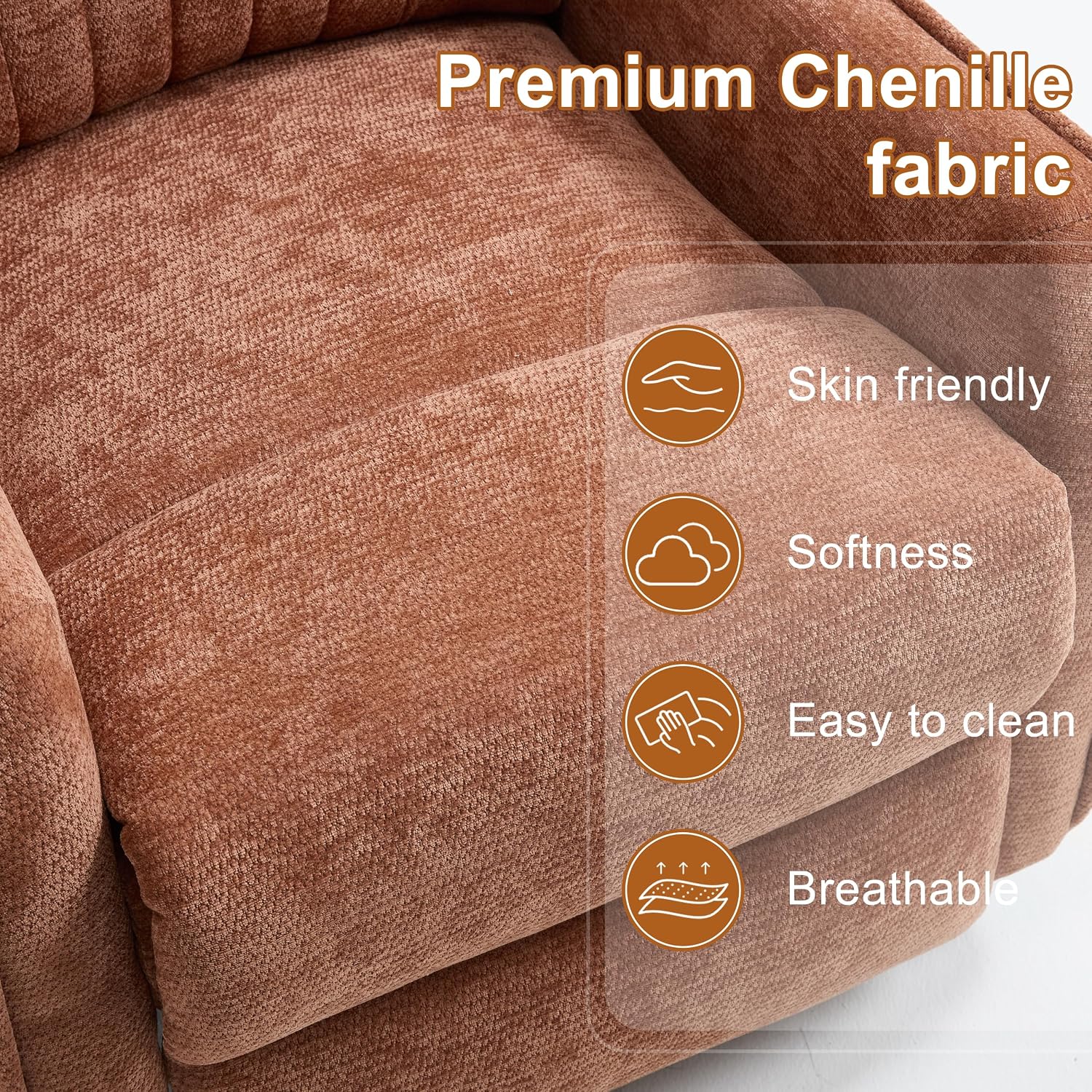 Manual Swivel Rocker Recliner Chair for Adults, Overstuffed Nursery Glider Recliner with Vibration Massage and Lumbar Heat, Living Room Reclining Chair, Fabric Orange