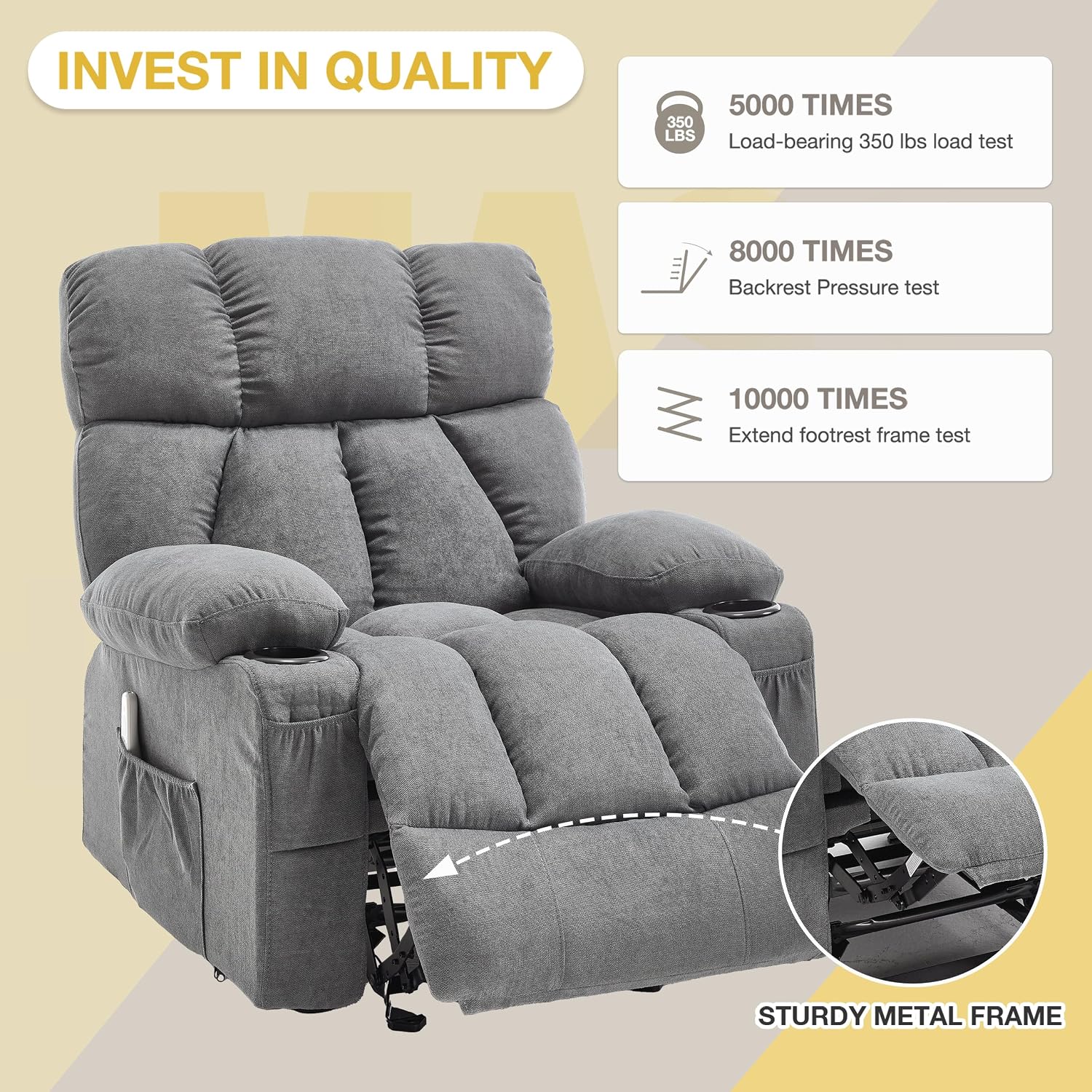 Massage Recliner Chair, Overstuffed Rocker Lazy Boy Chairs with Vibration&Gently Heat,Fabric Ergonomic Manual Nursery Chair for Living Room with Side Pocket, 2 Cup Holders, Grey