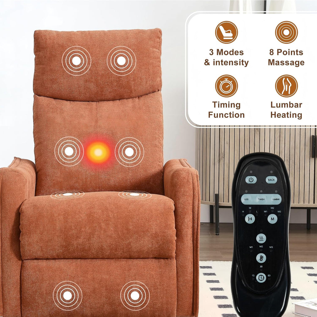 Manual 360° Swivel Rocker Recliner Chair for Adults, Overstuffed Glider Chair for Nursery with Vibration Massage and Heat, Comfy Soft Fabric Glider with Side Pockets for Living Room, Orange