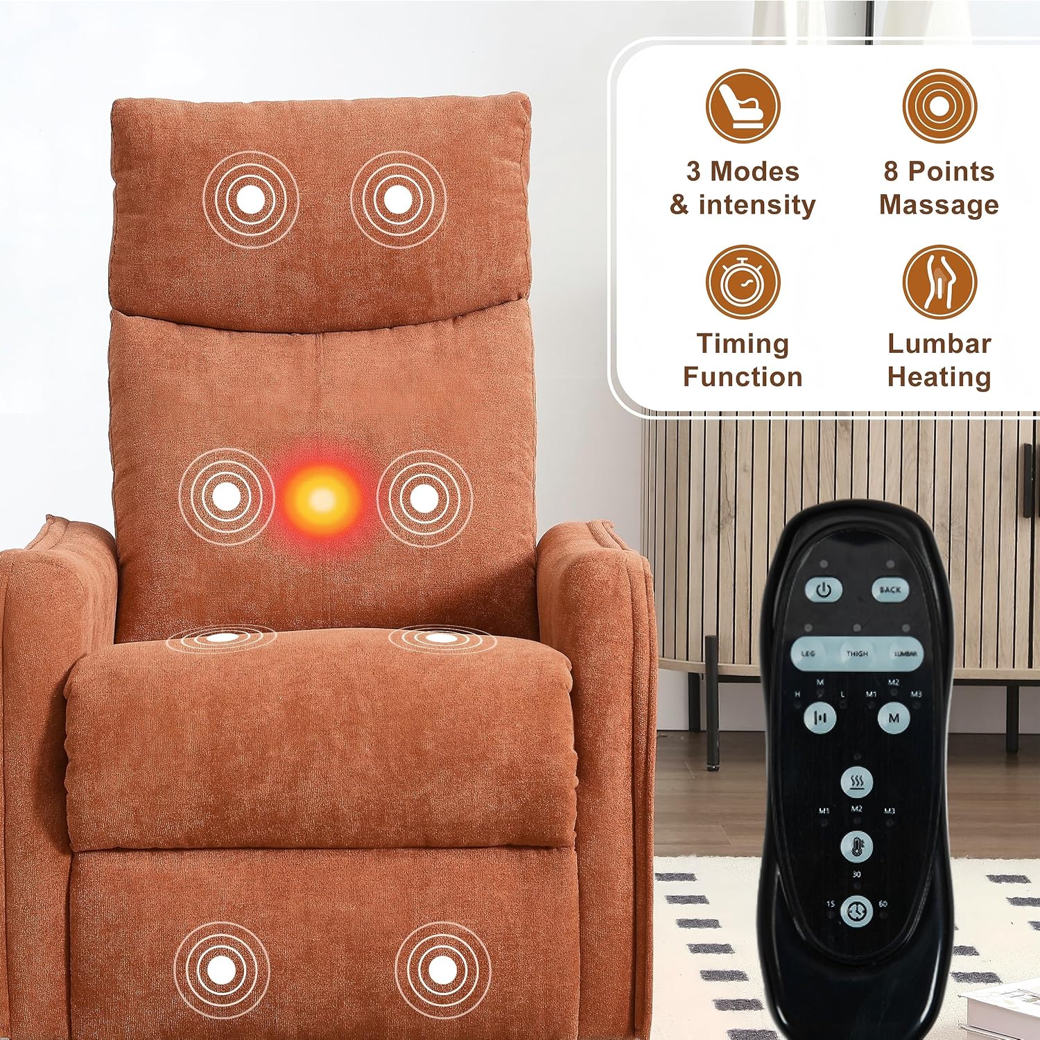 Manual 360° Swivel Rocker Recliner Chair for Adults, Overstuffed Glider Chair for Nursery with Vibration Massage and Heat, Comfy Soft Fabric Glider with Side Pockets for Living Room, Orange