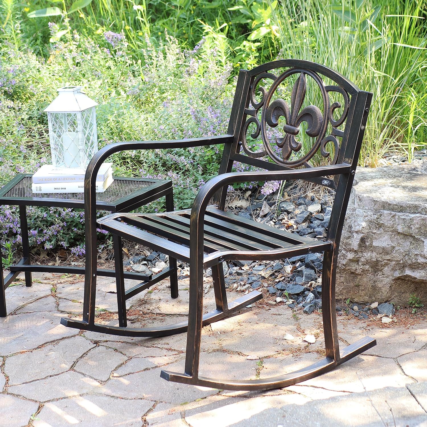 Sunnydaze Outdoor Rocking Chair for Lounging – Durable Metal Patio Chair with Cast Iron & Steel Frame – Ideal for Backyard, Lawn, or Garden – 275lb Capacity