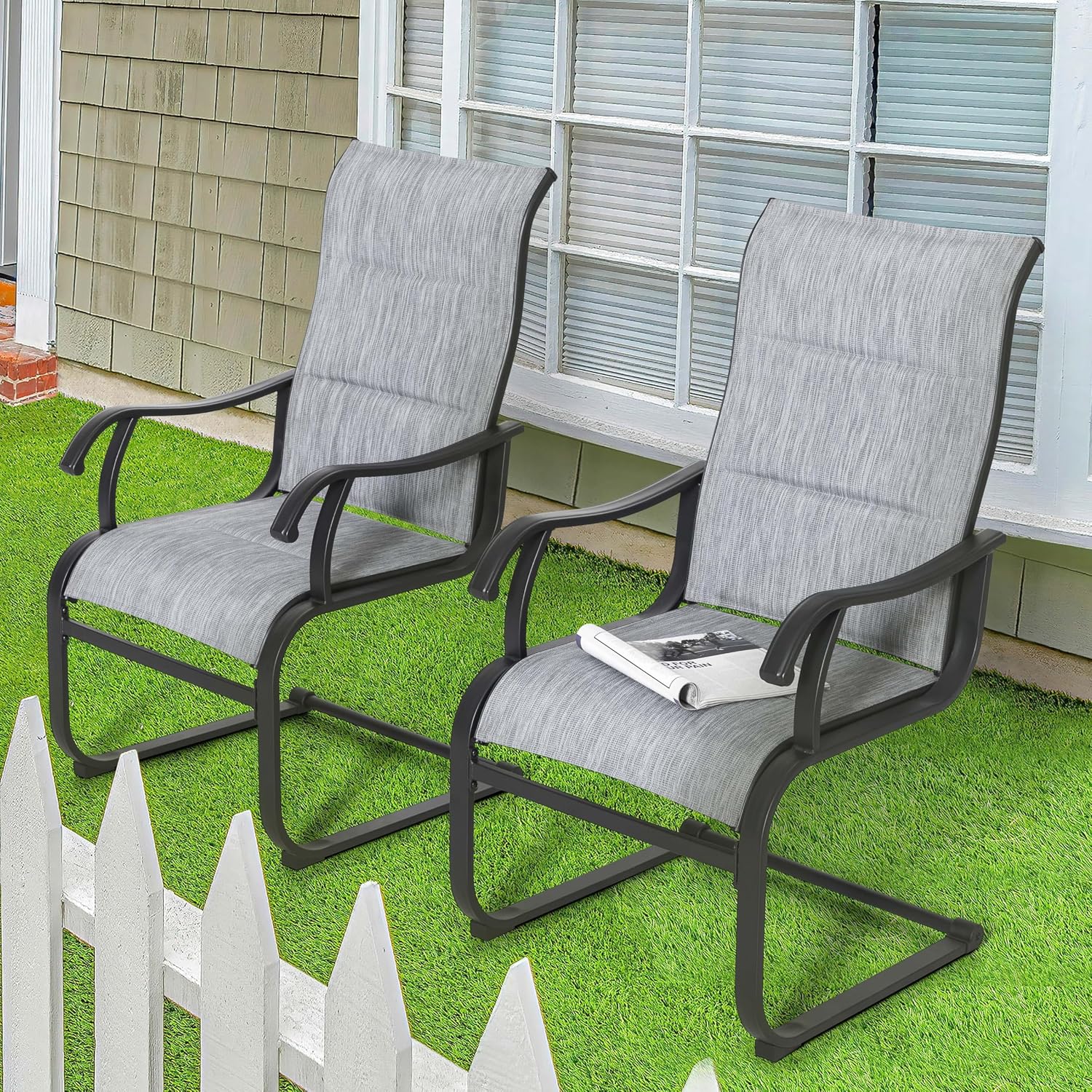 NUU GARDEN Patio Dining Chairs Set of 2, All Weather Outdoor Padded Textilene Patio Chairs, Breathable Spring Motion Textile High Back Outdoor Dining Chairs for Backyard, Lawn, Deck, Grey
