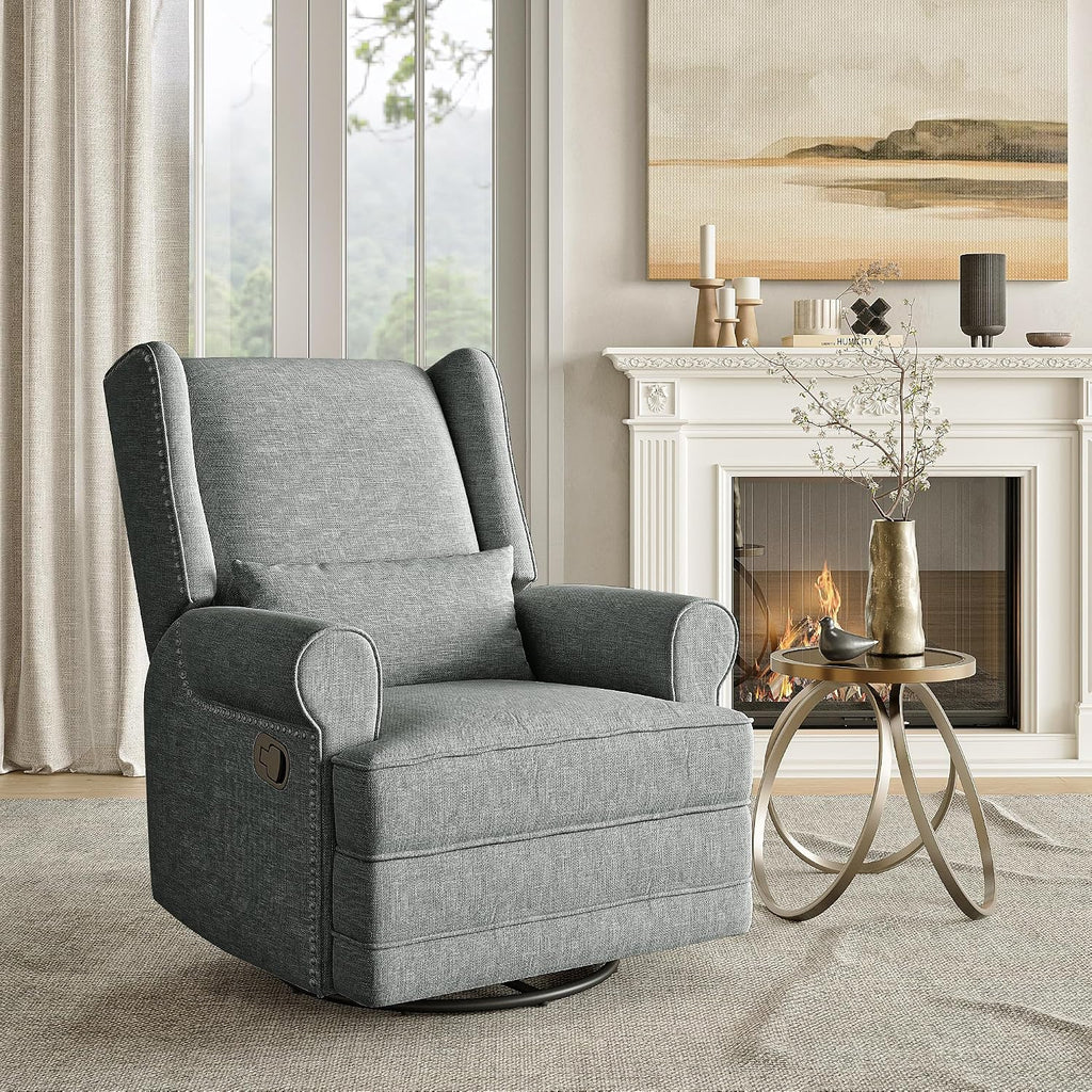 May in Color Nursery Glider Recliner, Comfy Upholstered Glider Chair with Lumbar Pillow and Footrest, Swivel Rocking Chair for Bedroom, Living Room, Dark Grey