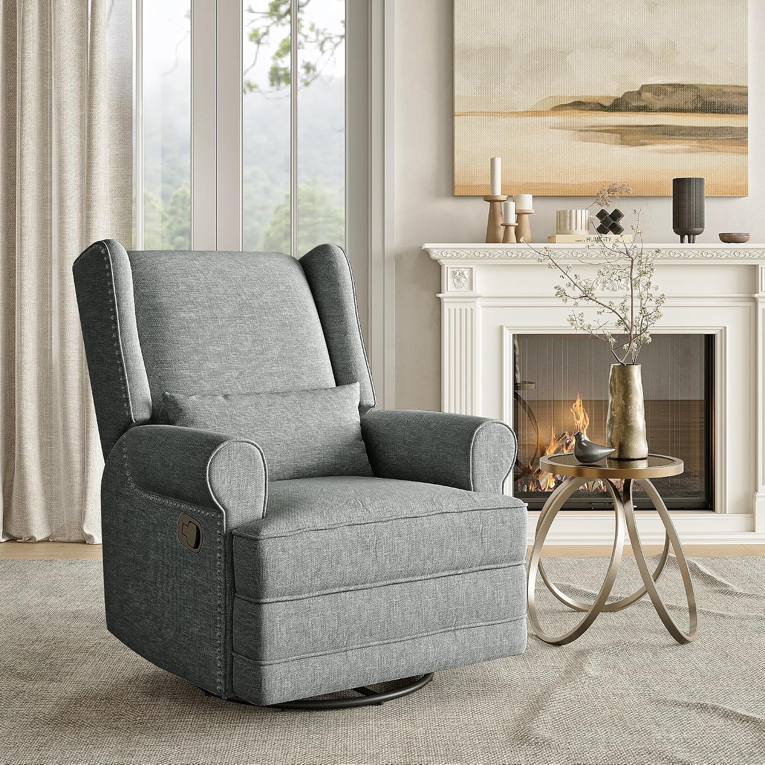 May in Color Nursery Glider Recliner, Comfy Upholstered Glider Chair with Lumbar Pillow and Footrest, Swivel Rocking Chair for Bedroom, Living Room, Dark Grey