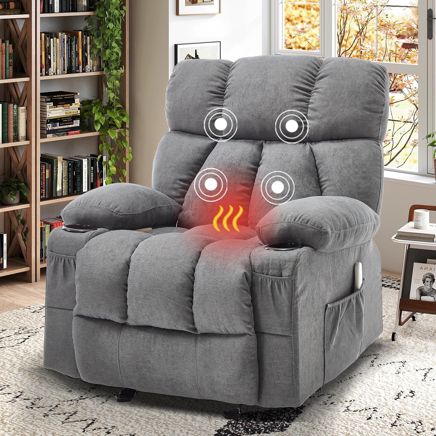 Massage Recliner Chair, Overstuffed Rocker Lazy Boy Chairs with Vibration&Gently Heat,Fabric Ergonomic Manual Nursery Chair for Living Room with Side Pocket, 2 Cup Holders, Grey