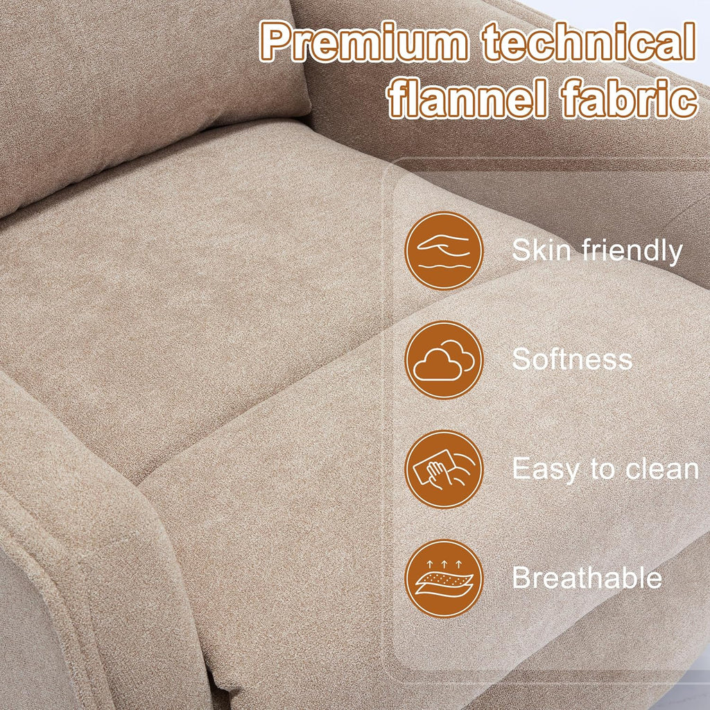 Manual 360° Swivel Rocker Recliner Chair for Adults, Overstuffed Glider Chair for Nursery with Vibration Massage and Heat, Comfy Soft Fabric Glider with Side Pockets for Living Room, Khaki